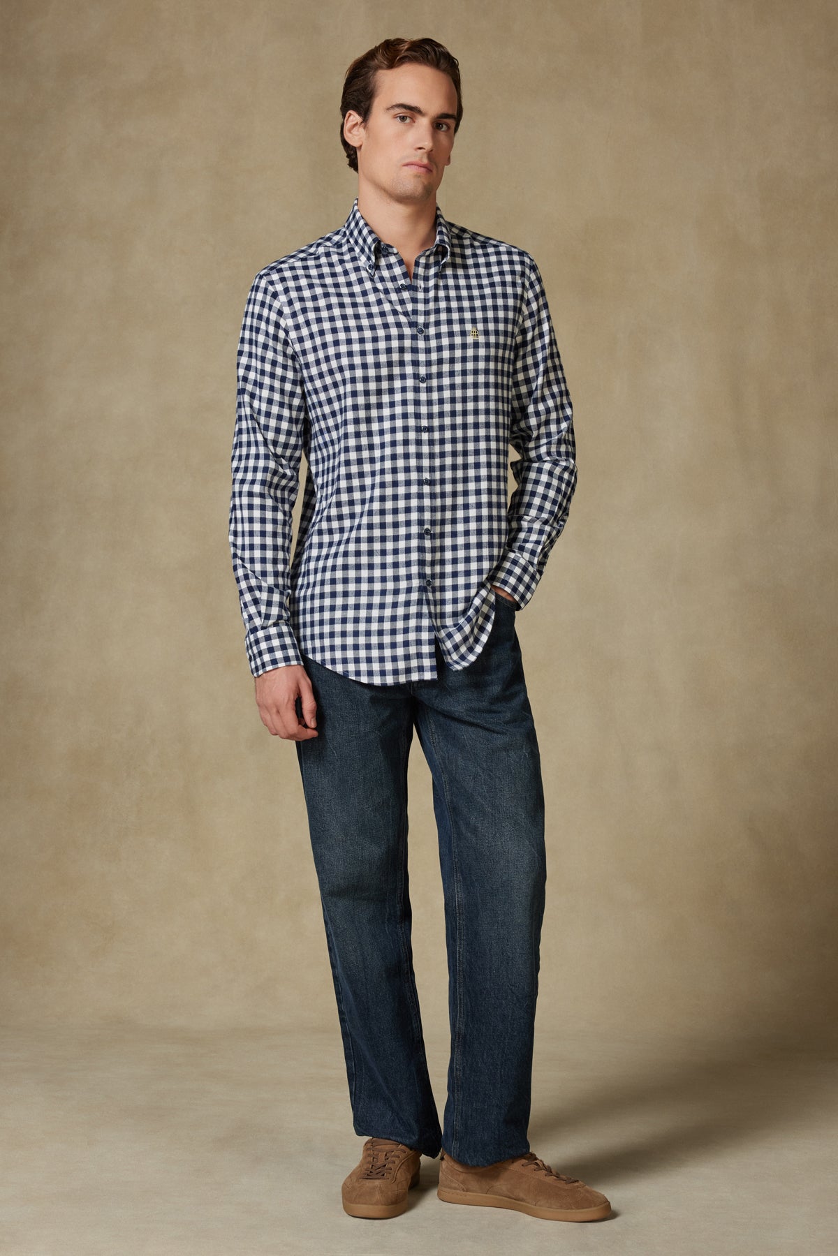 Abbate Luca Flanel Viskon Karışımlı Comfort Fit Lacivert Düğmeli Yaka Erkek Kareli Gömlek