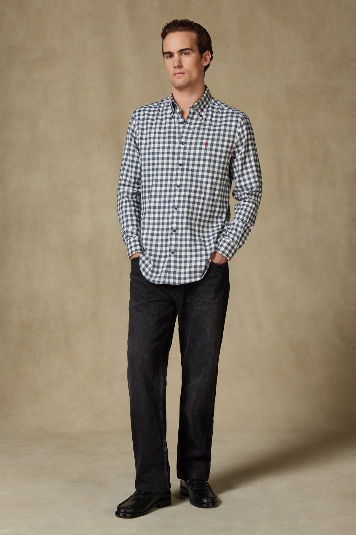 Abbate Luca Flanel Viskon Karışımlı Comfort Fit Antrasit Düğmeli Yaka Erkek Kareli Gömlek