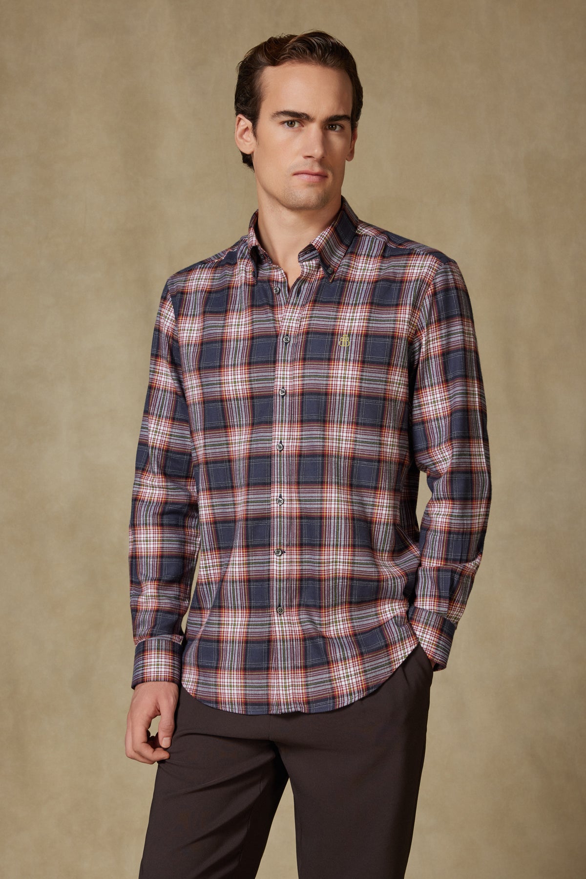 Abbate Luca Flanel Pamuk Karışımlı Comfort Fit Gri Düğmeli Yaka Erkek Ekoseli Gömlek