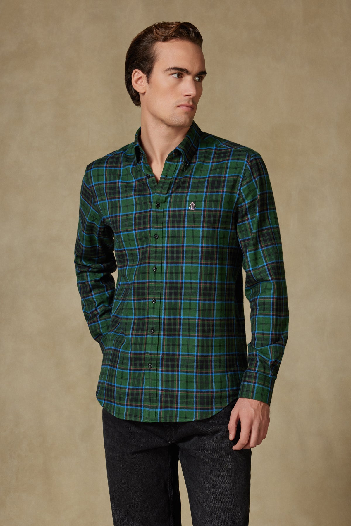 Abbate Luca Flanel Pamuk Karışımlı Comfort Fit Haki Düğmeli Yaka Erkek Ekoseli Gömlek