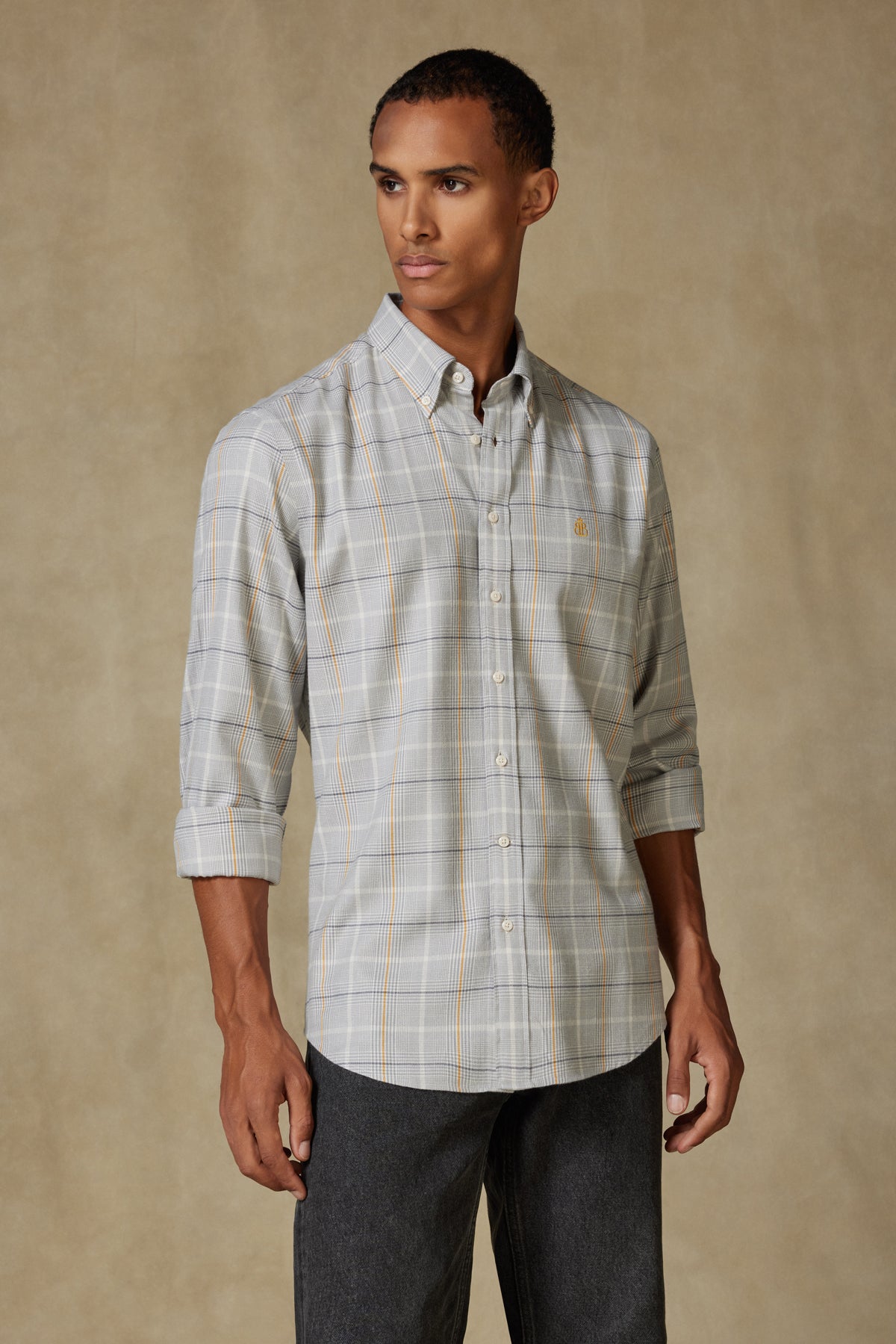 Abbate Luca Flanel Pamuk Karışımlı Comfort Fit Açık Gri Düğmeli Yaka Erkek Ekoseli Gömlek