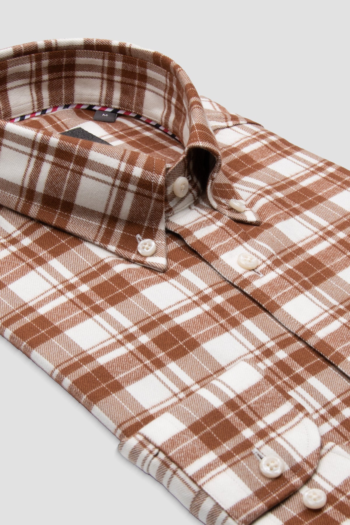 Abbate Luca Flanel Pamuk Karışımlı Comfort Fit Kahverengi Düğmeli Yaka Erkek Ekoseli Gömlek