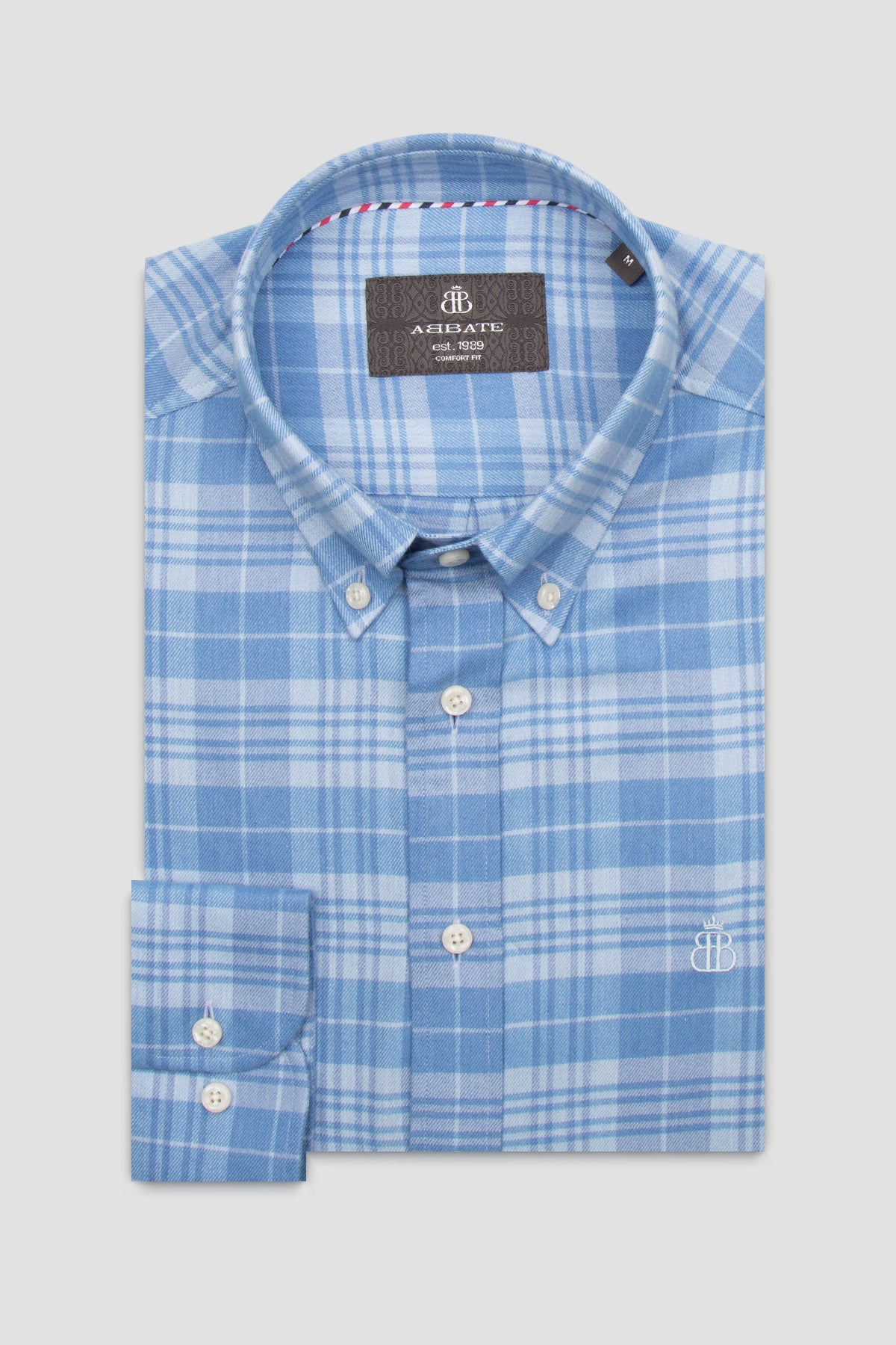 Abbate Luca Flanel Pamuk Karışımlı Comfort Fit Açık Mavi Düğmeli Yaka Erkek Ekoseli Gömlek