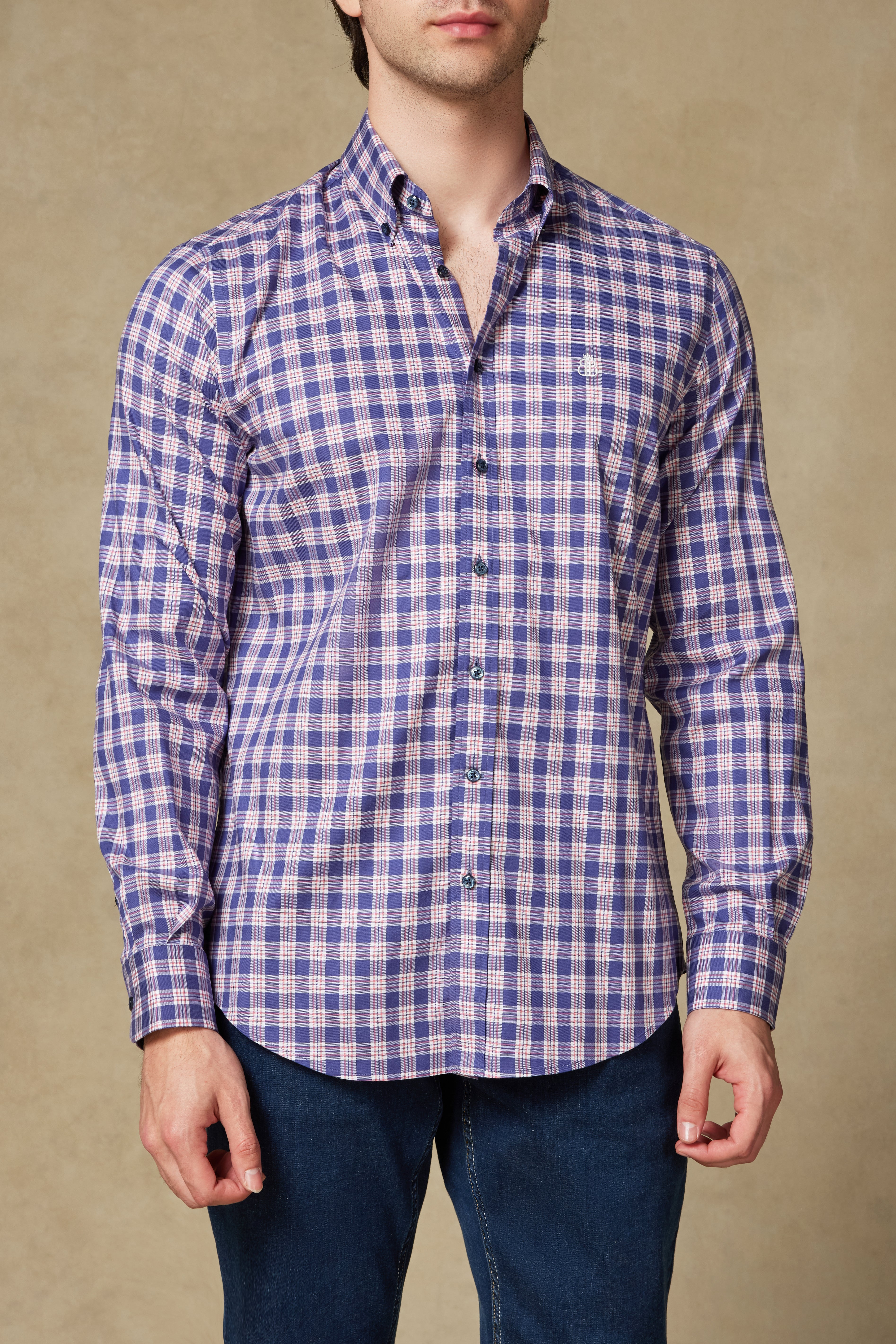 Abbate Luca Flanel Tencel (Lyocell) Comfort Fit Lacivert Düğmeli Yaka Erkek Ekoseli Gömlek