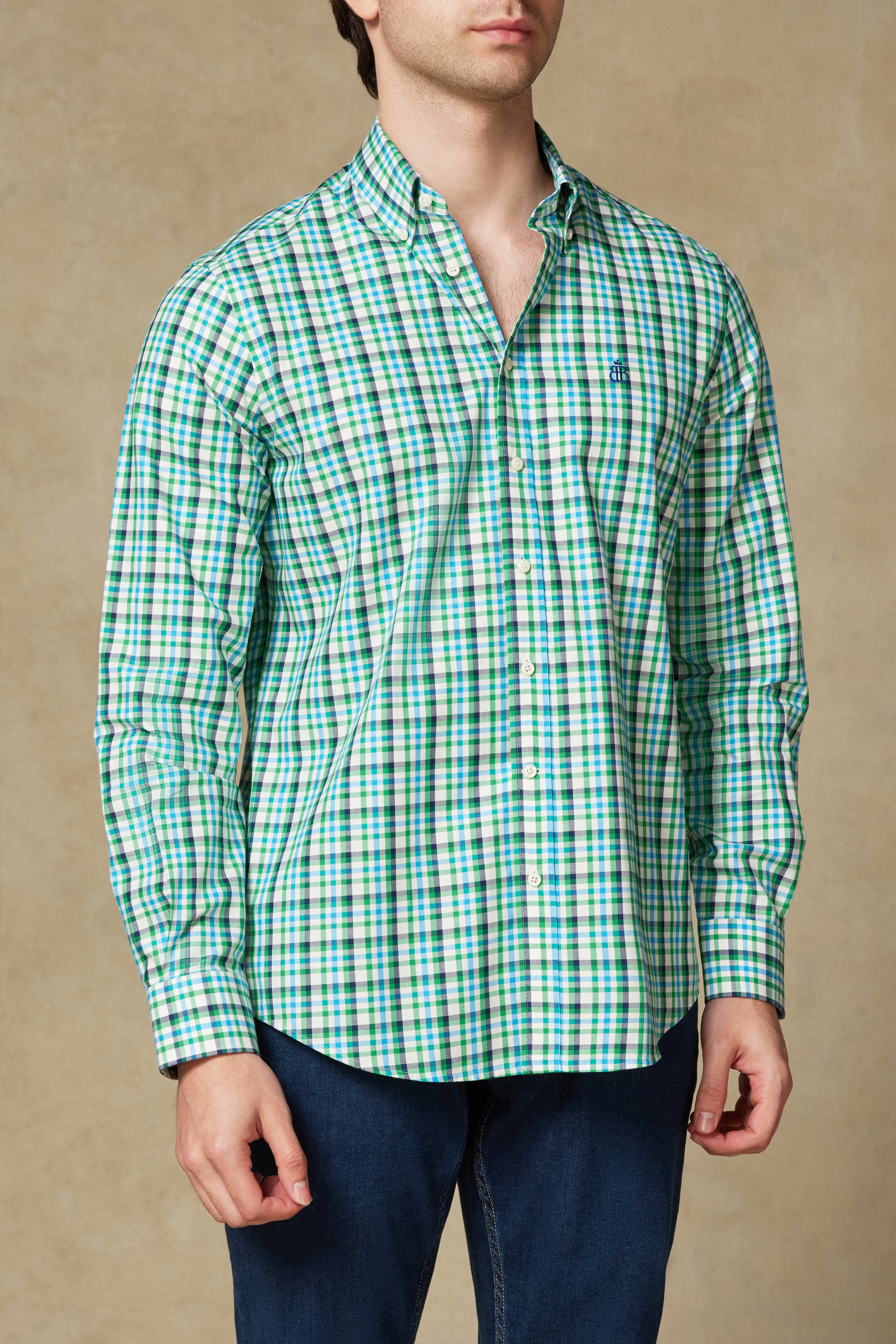 Abbate Luca Twill Pamuklu Comfort Fit Yeşil Düğmeli Yaka Erkek Ekoseli Gömlek