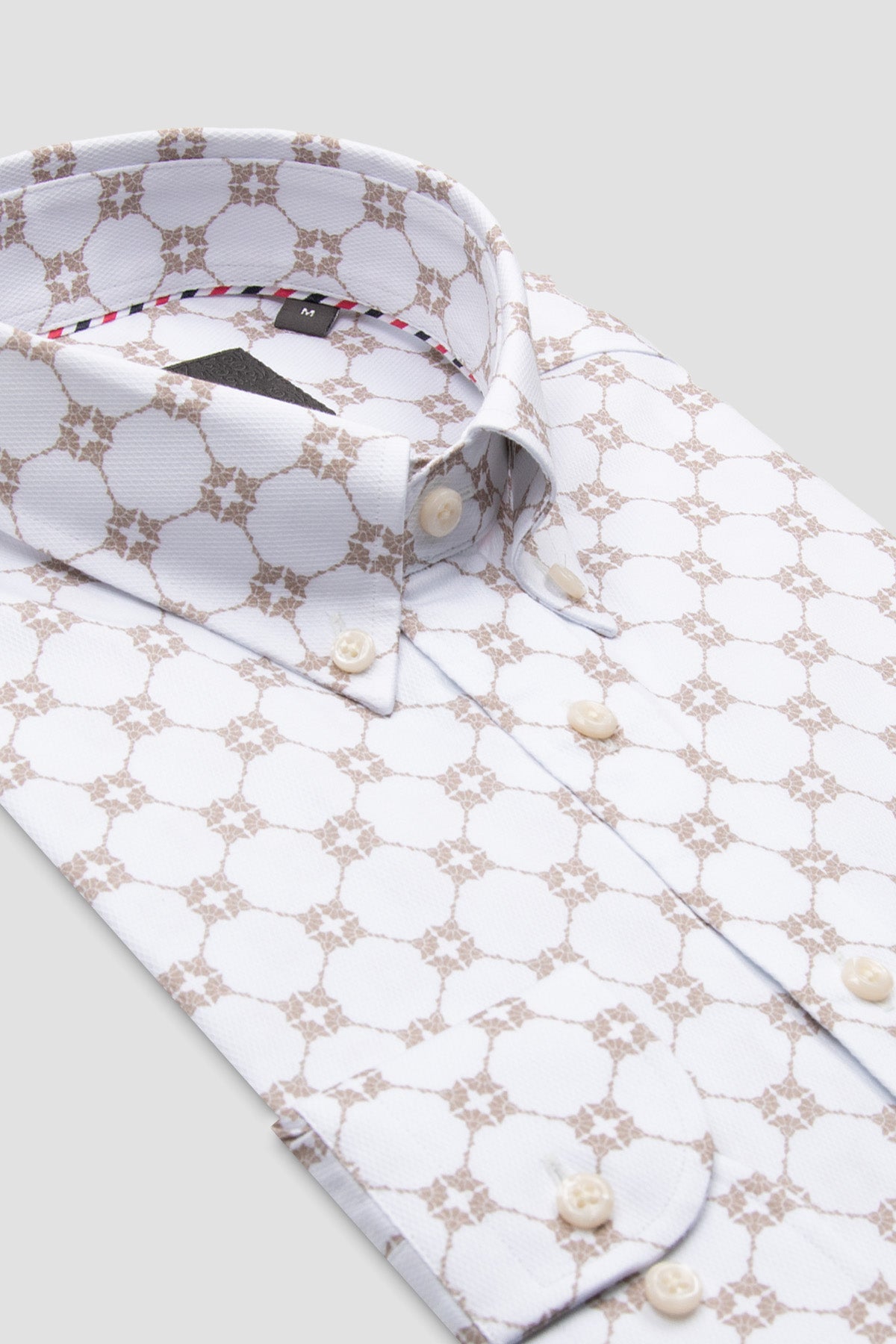 Abbate Luca Dobby Pamuklu Comfort Fit Bej Düğmeli Yaka Erkek Baskılı Gömlek