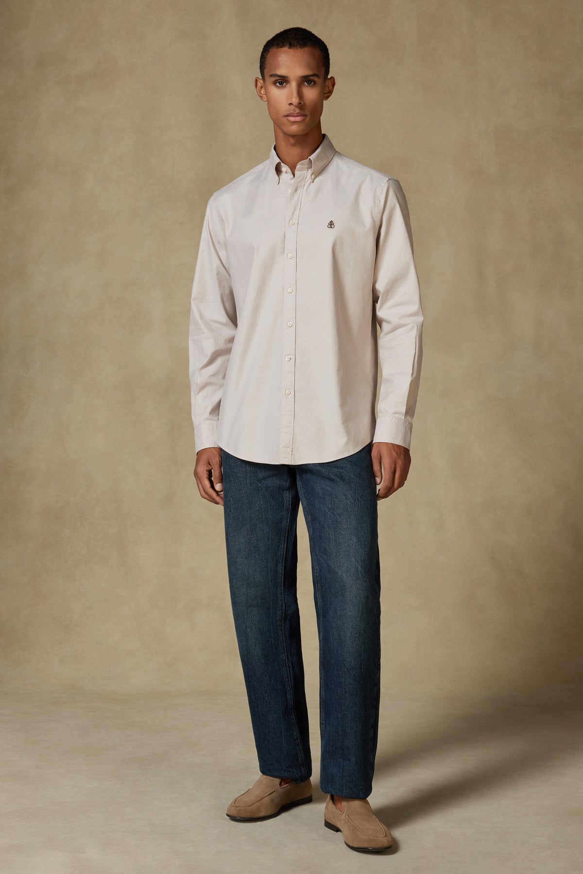 Abbate Luca Oxford Stretch Pamuk Karışımlı Comfort Fit Bej Düğmeli Yaka Erkek Düz Gömlek