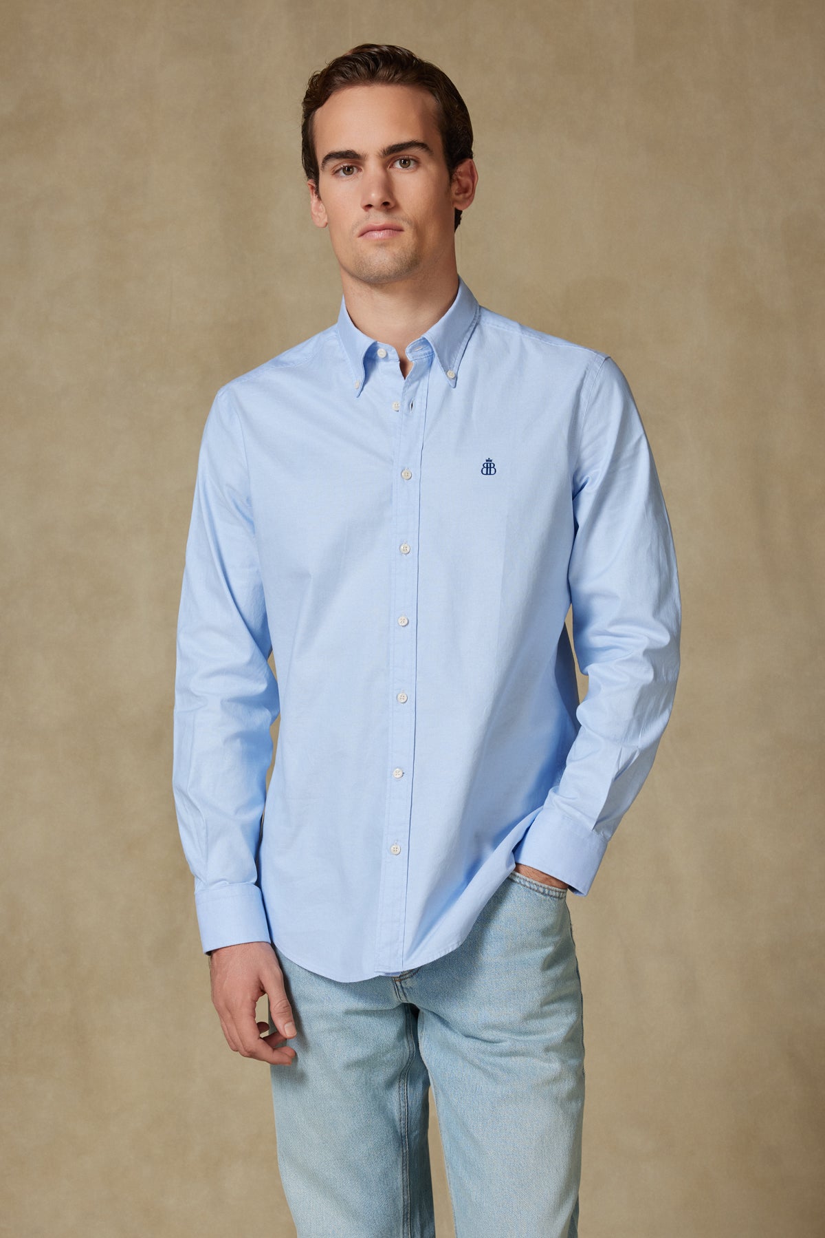 Abbate Luca Oxford Stretch Pamuk Karışımlı Comfort Fit Mavi Düğmeli Yaka Erkek Düz Gömlek