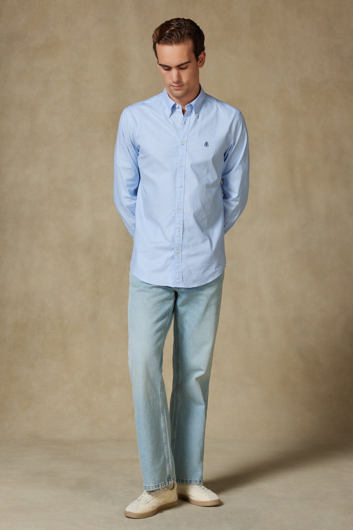 Abbate Luca Oxford Stretch Pamuk Karışımlı Comfort Fit Mavi Düğmeli Yaka Erkek Düz Gömlek