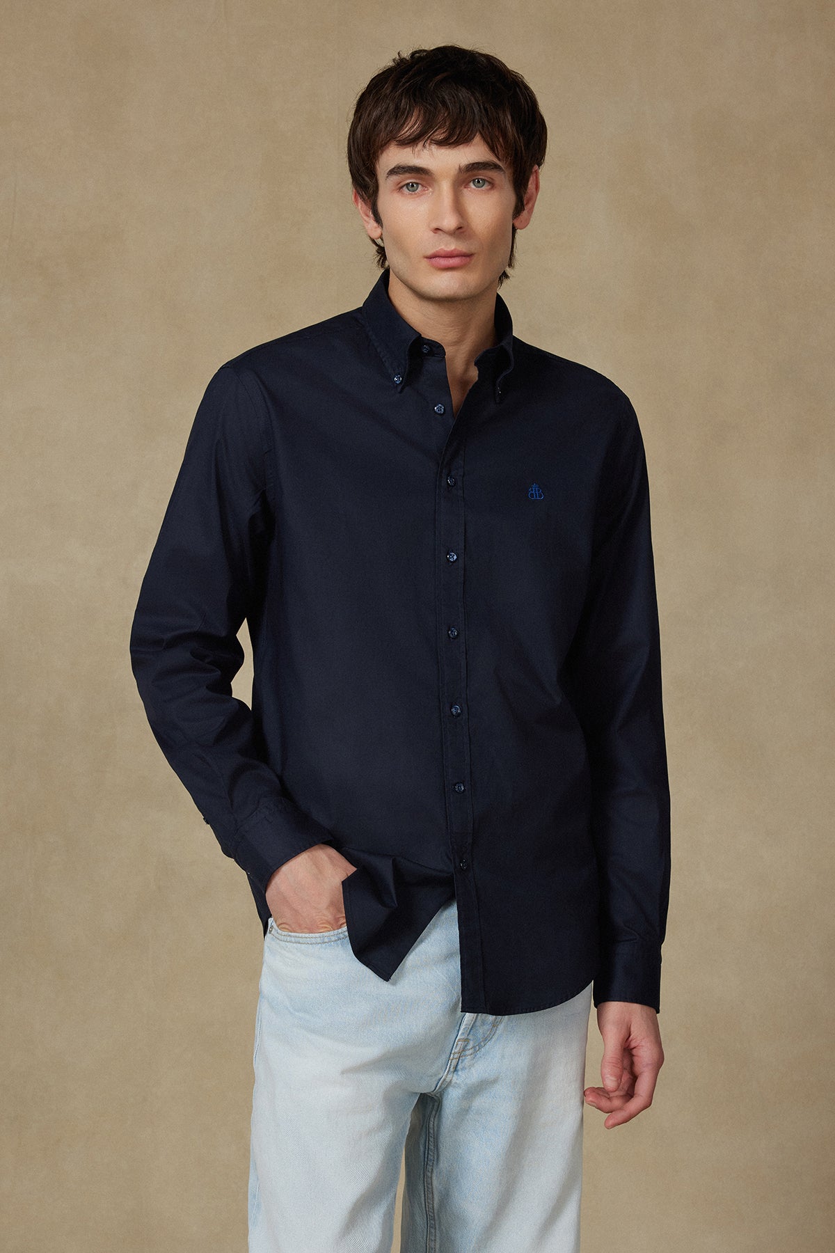 Abbate Luca Oxford Stretch Pamuk Karışımlı Comfort Fit Lacivert Düğmeli Yaka Erkek Düz Gömlek