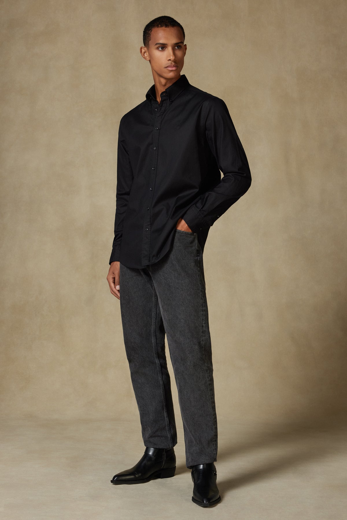 Abbate Luca Oxford Stretch Pamuk Karışımlı Comfort Fit Siyah Düğmeli Yaka Erkek Düz Gömlek