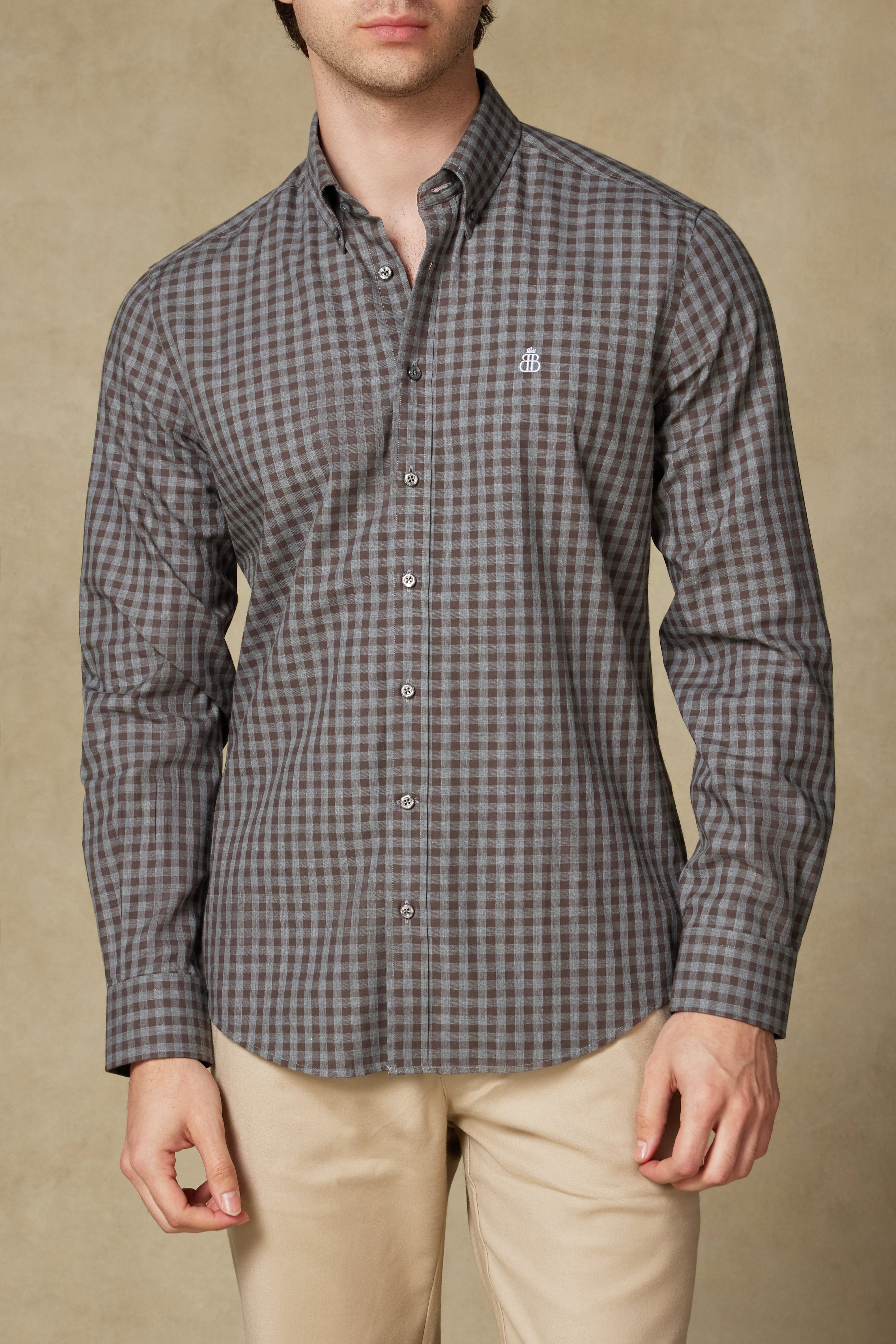 Abbate Luca Poplin Pamuklu Comfort Fit Kahverengi Düğmeli Yaka Erkek Kareli Gömlek