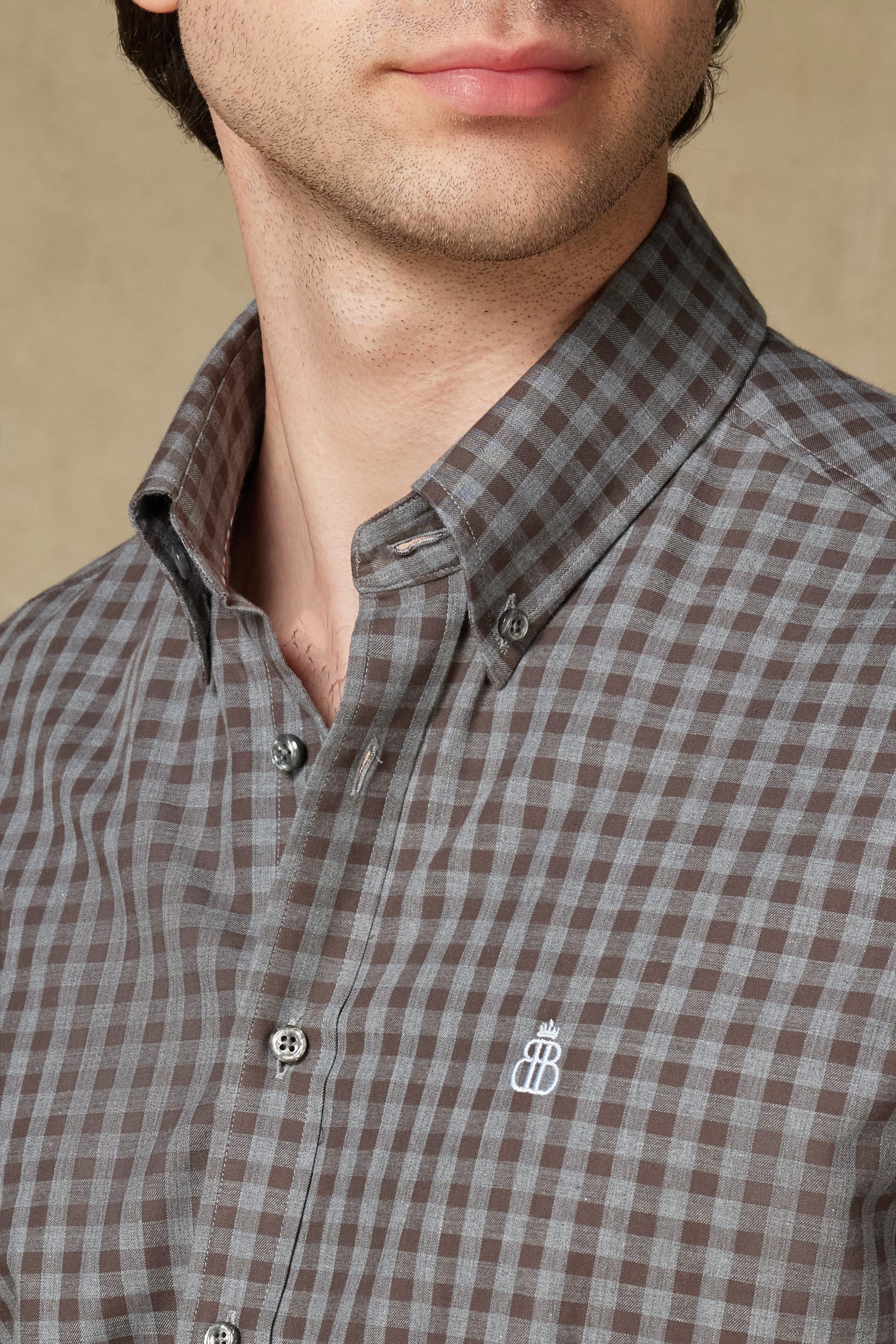 Abbate Luca Poplin Pamuklu Comfort Fit Kahverengi Düğmeli Yaka Erkek Kareli Gömlek