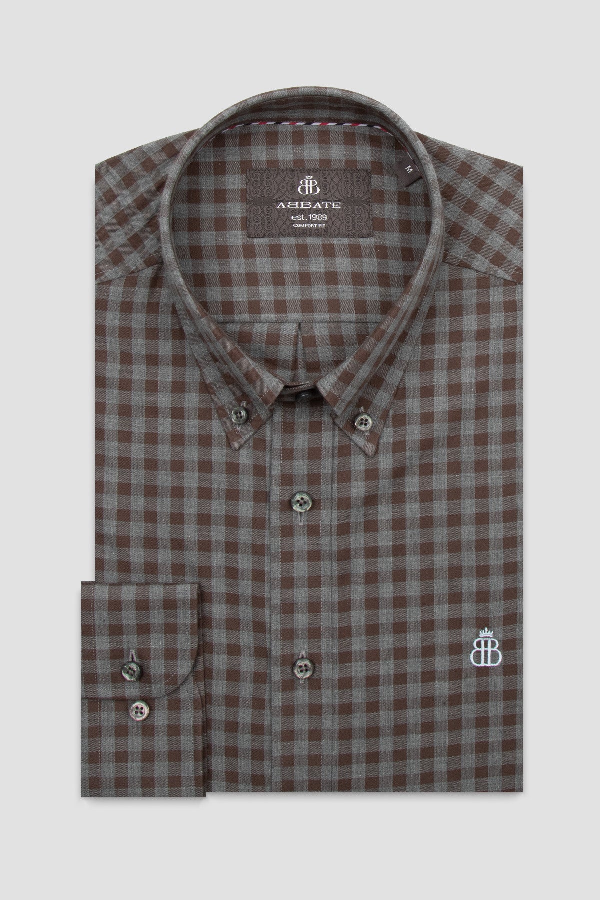 Abbate Luca Poplin Pamuklu Comfort Fit Kahverengi Düğmeli Yaka Erkek Kareli Gömlek