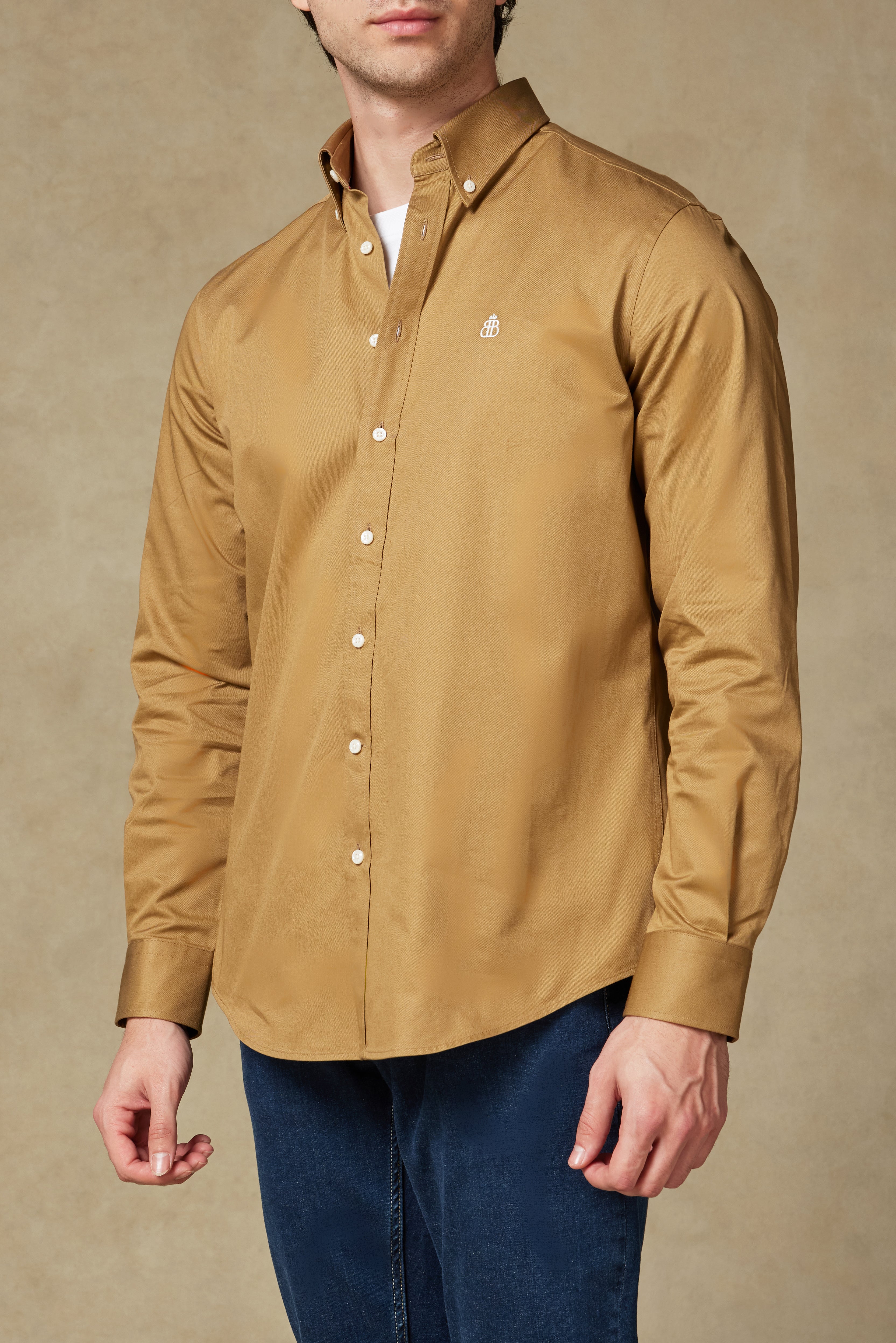 Abbate Luca Twill Pamuklu Comfort Fit Kahverengi Düğmeli Yaka Erkek Düz Gömlek