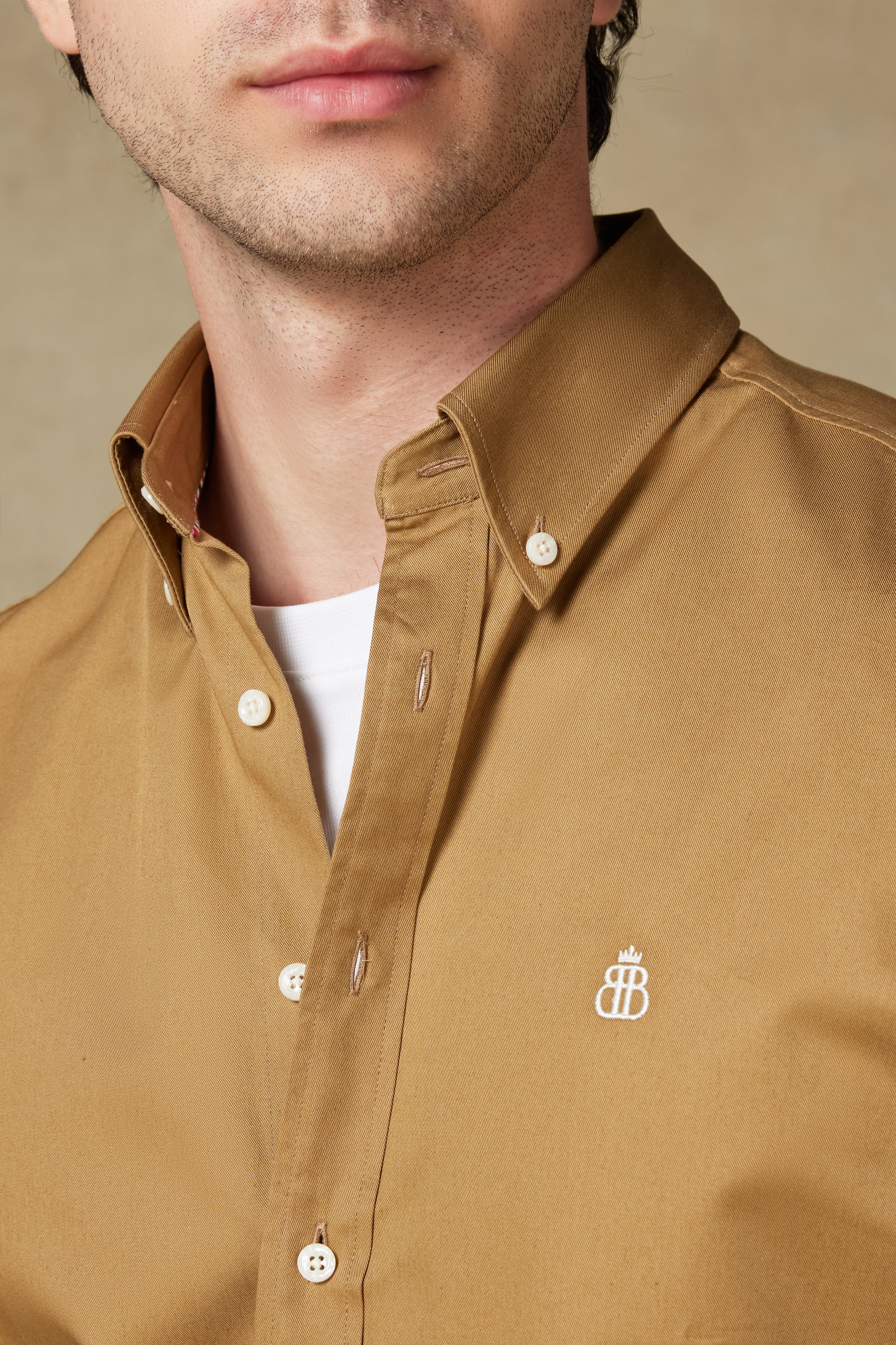 Abbate Luca Twill Pamuklu Comfort Fit Kahverengi Düğmeli Yaka Erkek Düz Gömlek