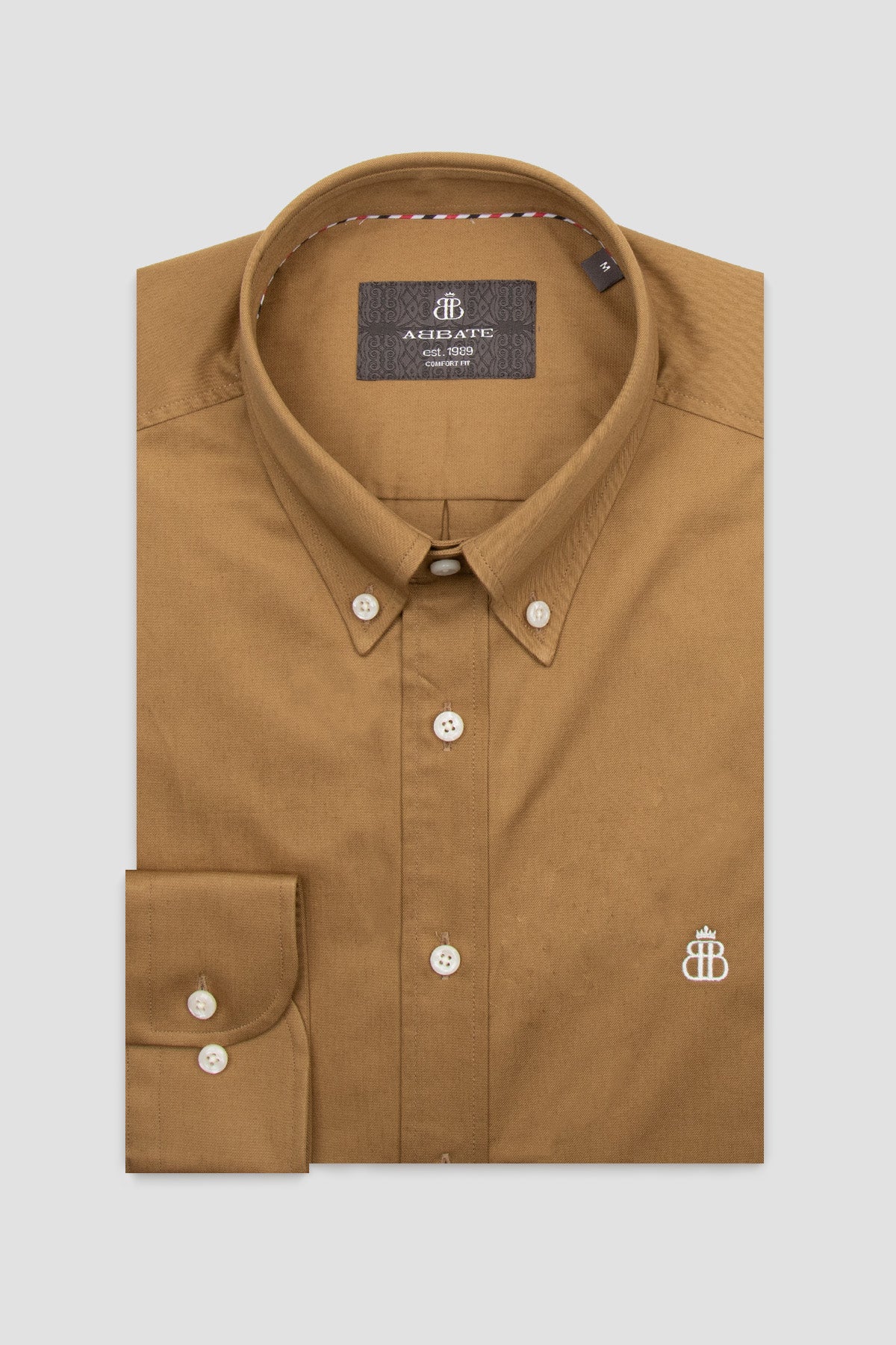 Abbate Luca Twill Pamuklu Comfort Fit Kahverengi Düğmeli Yaka Erkek Düz Gömlek