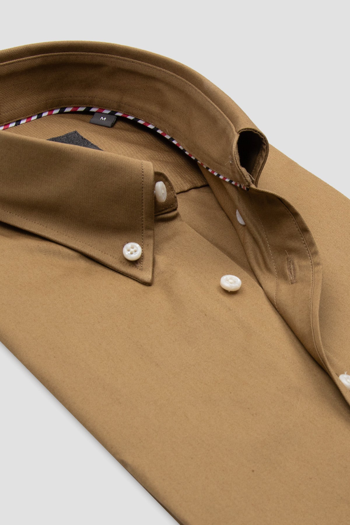 Abbate Luca Twill Pamuklu Comfort Fit Kahverengi Düğmeli Yaka Erkek Düz Gömlek