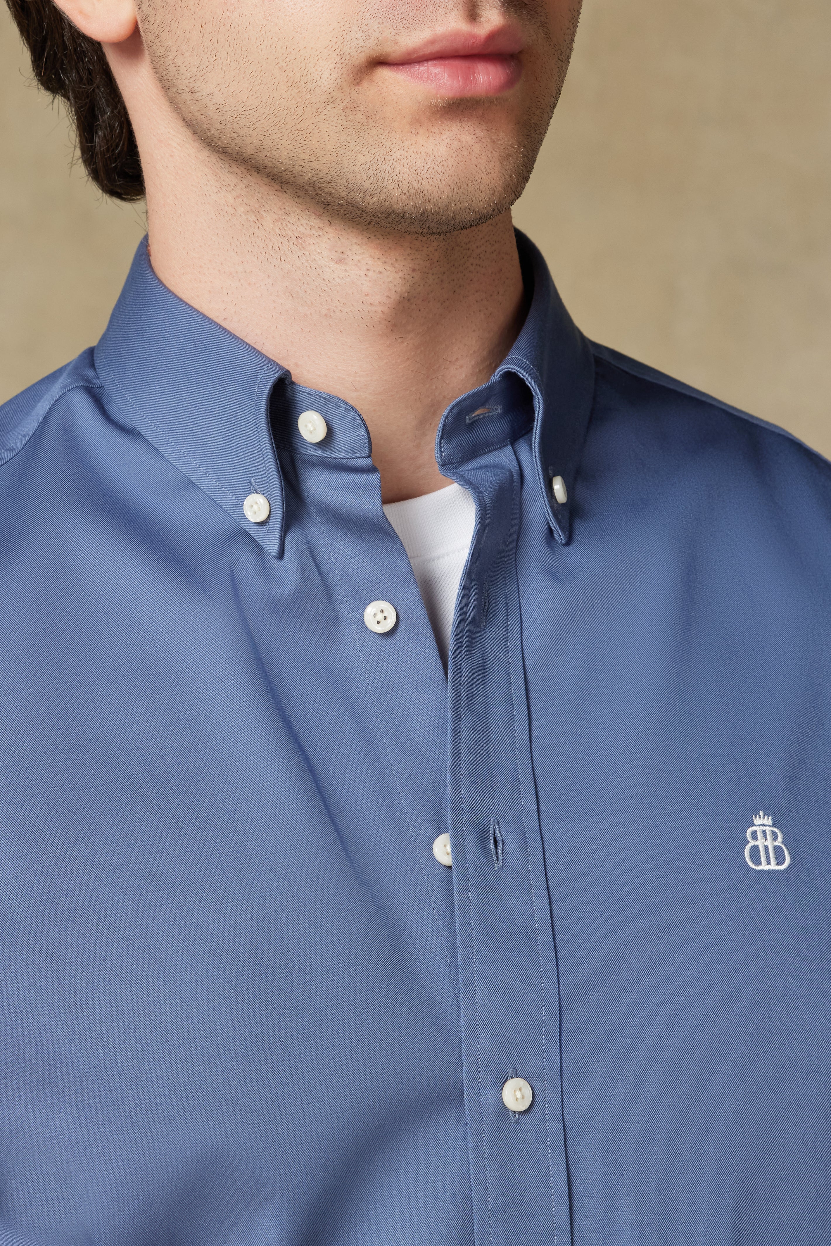Abbate Luca Twill Pamuklu Comfort Fit Mavi Düğmeli Yaka Erkek Düz Gömlek