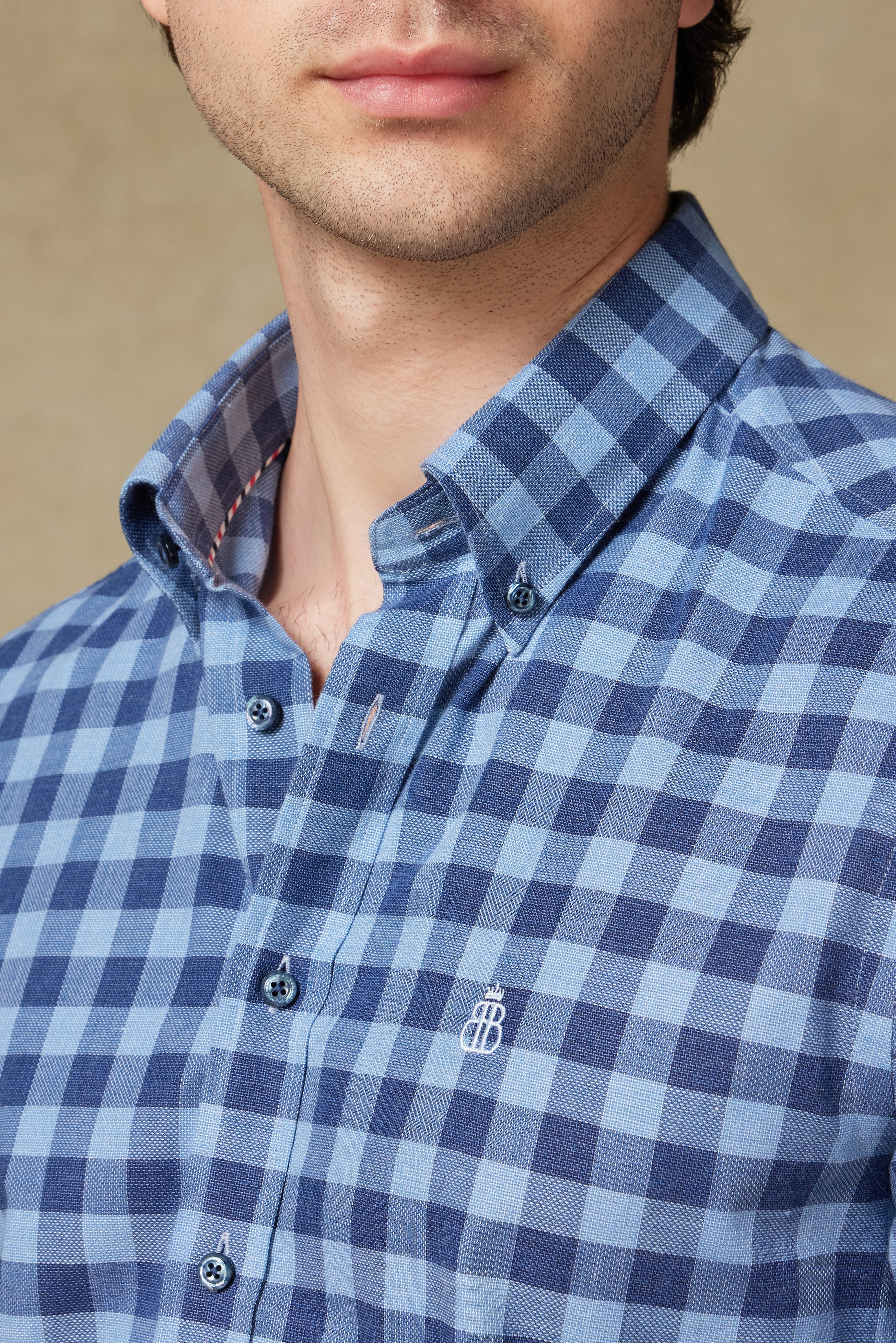 Abbate Luca Oxford Pamuklu Comfort Fit Koyu Mavi Düğmeli Yaka Erkek Ekoseli Gömlek
