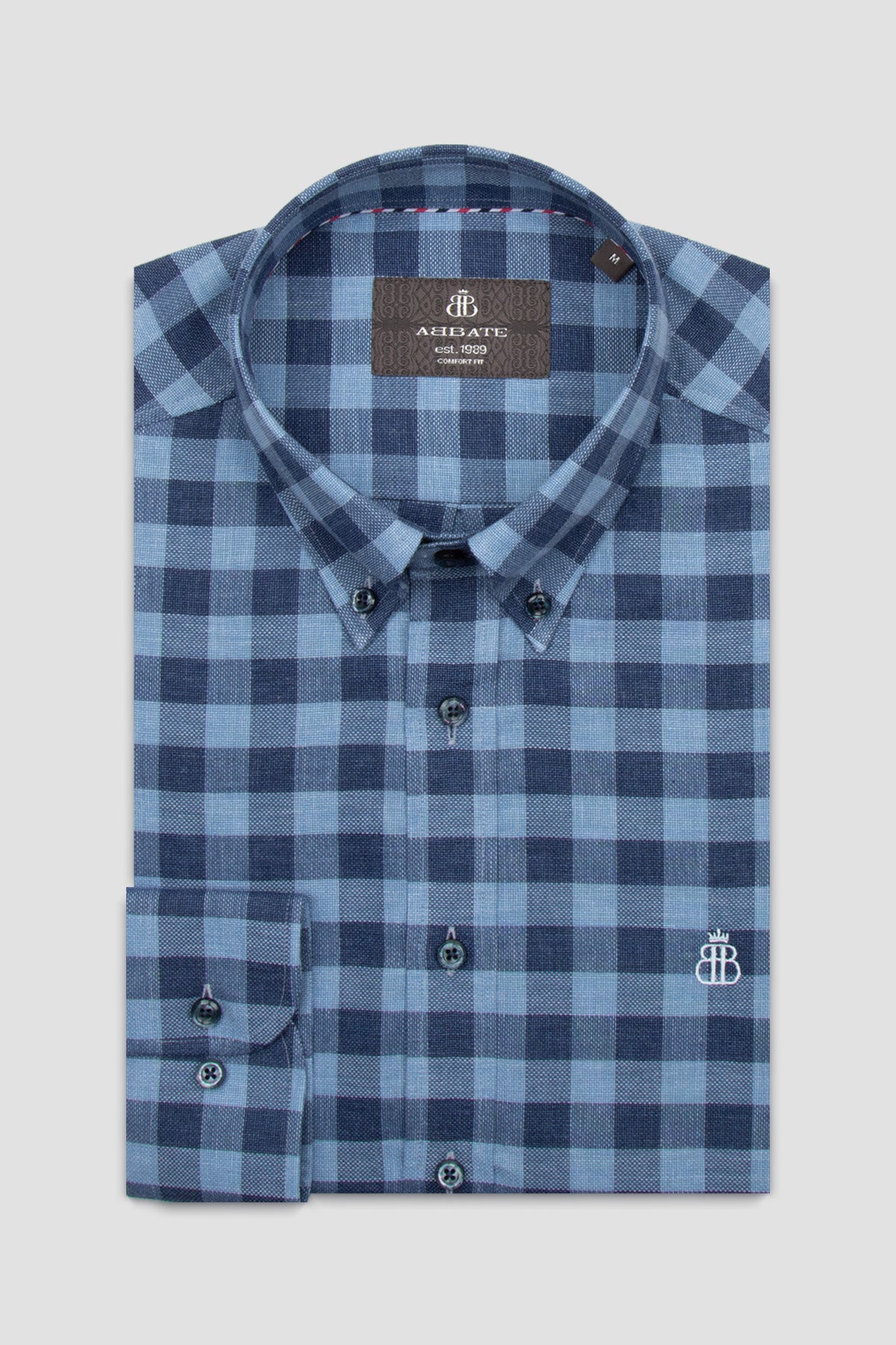 Abbate Luca Oxford Pamuklu Comfort Fit Koyu Mavi Düğmeli Yaka Erkek Ekoseli Gömlek