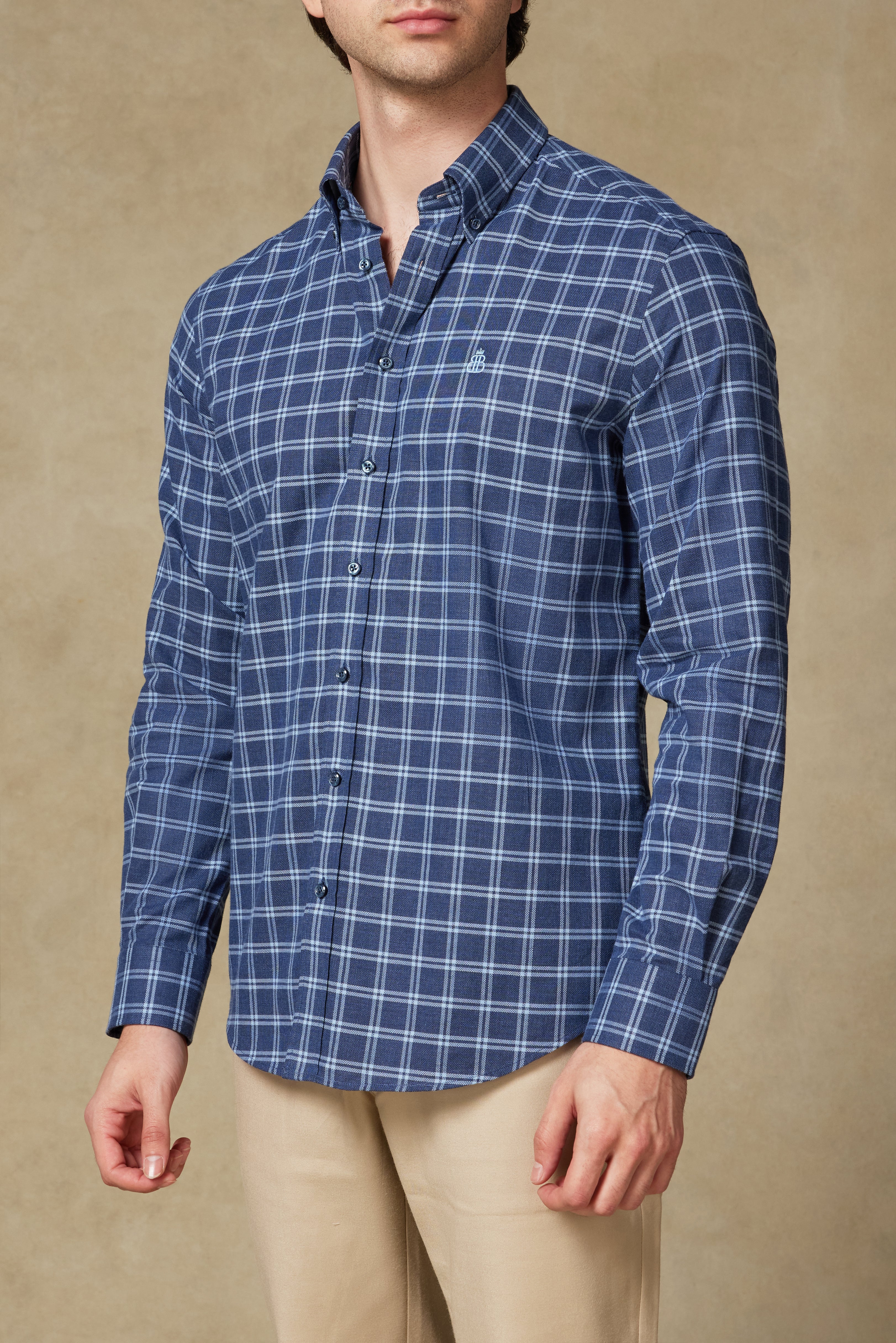 Abbate Luca Oxford Pamuklu Comfort Fit Lacivert Düğmeli Yaka Erkek Ekoseli Gömlek