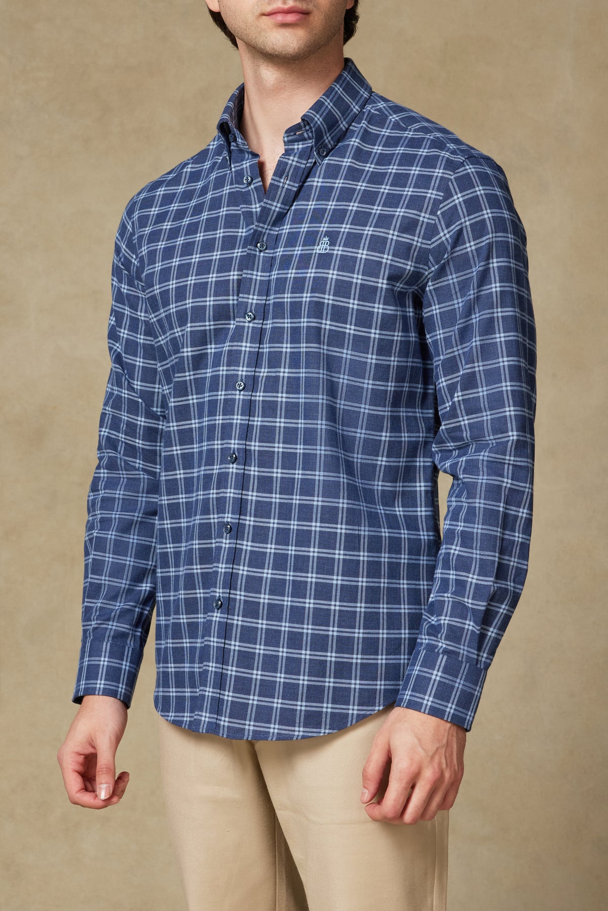 Abbate Luca Oxford %100 Pamuk Comfort Fit Lacivert Düğmeli Yaka Erkek Ekoseli Gömlek
