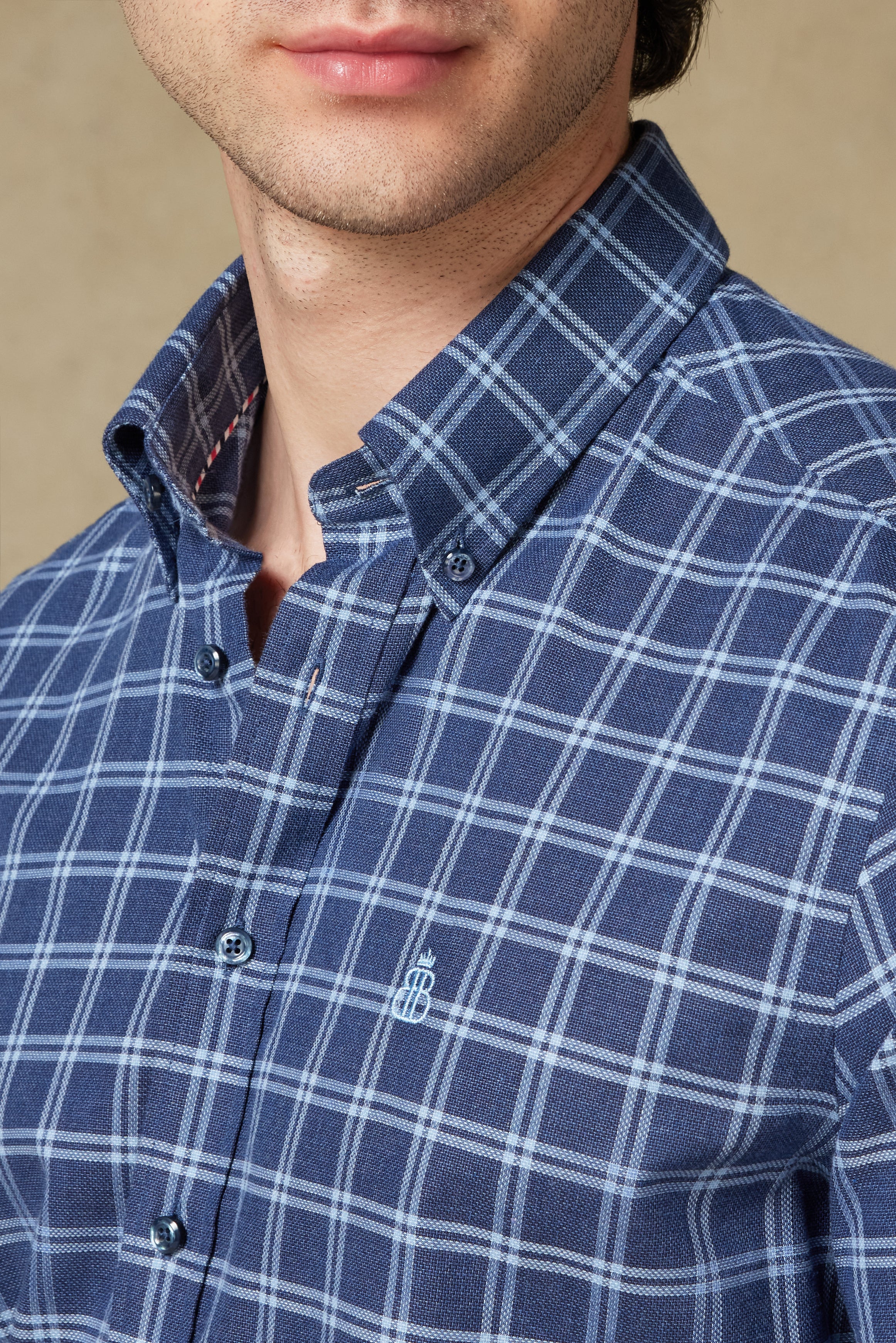 Abbate Luca Oxford Pamuklu Comfort Fit Lacivert Düğmeli Yaka Erkek Ekoseli Gömlek