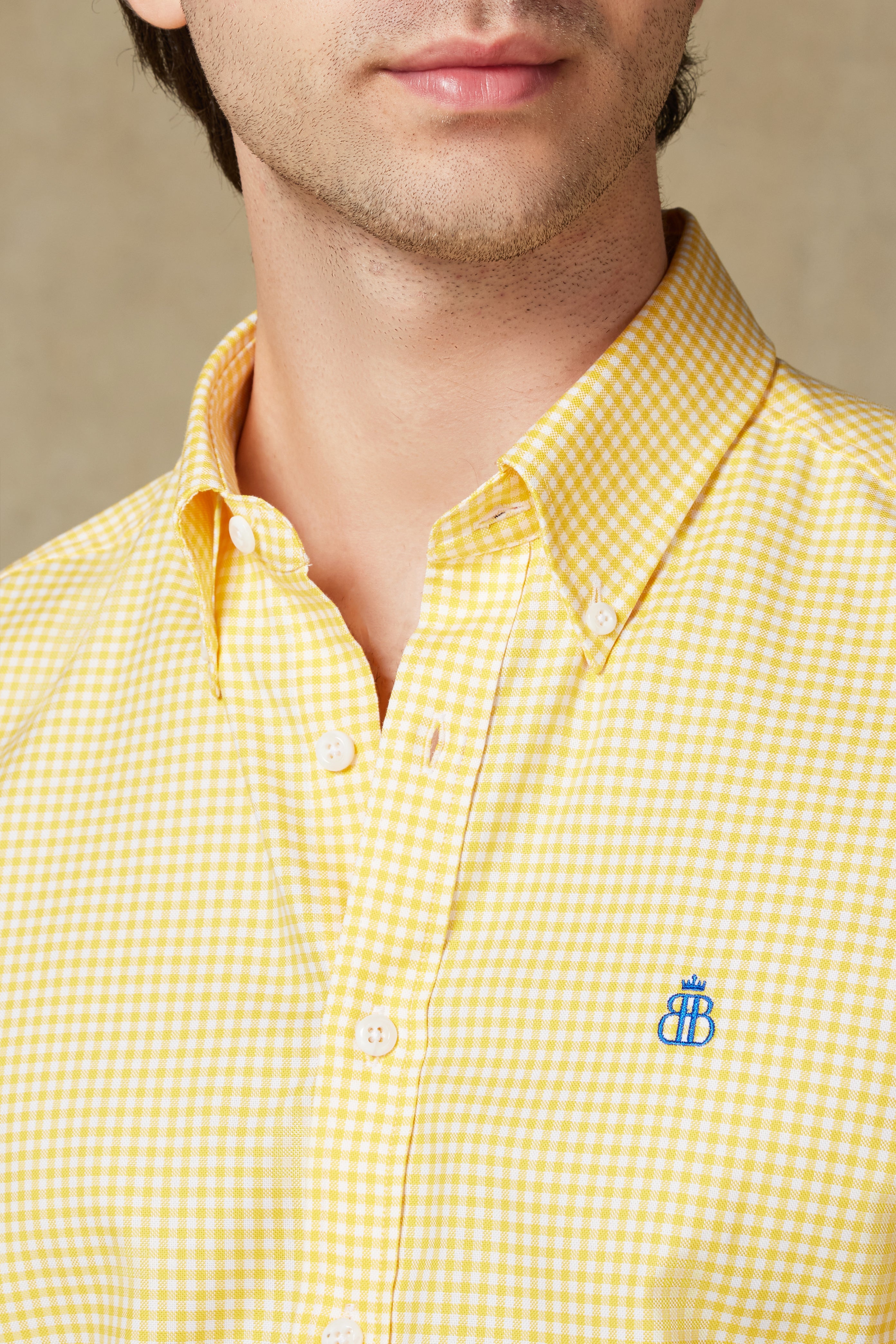 Abbate Luca Oxford Pamuklu Comfort Fit Sarı Düğmeli Yaka Erkek Kareli Gömlek