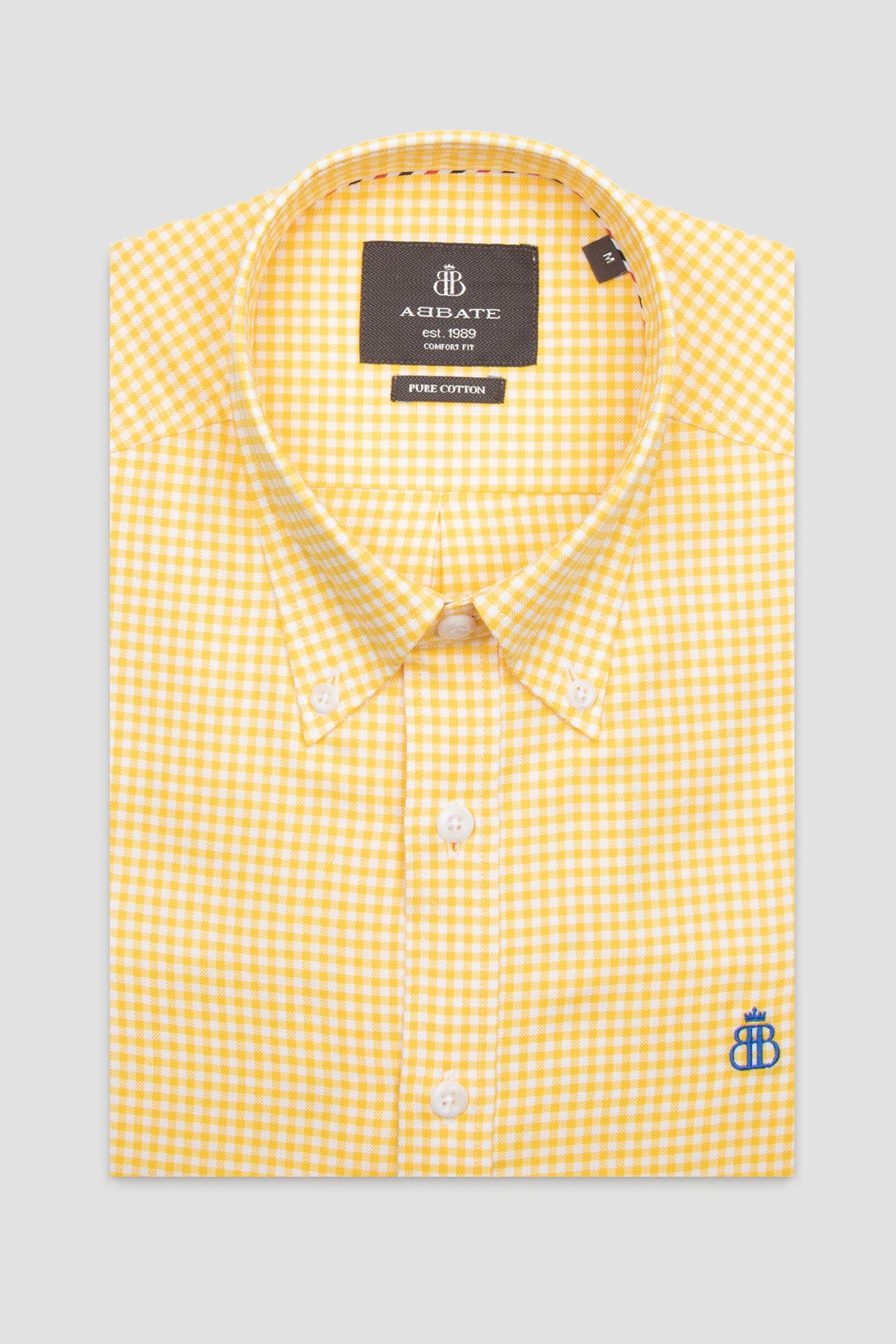 Abbate Luca Oxford Pamuklu Comfort Fit Sarı Düğmeli Yaka Erkek Kareli Gömlek