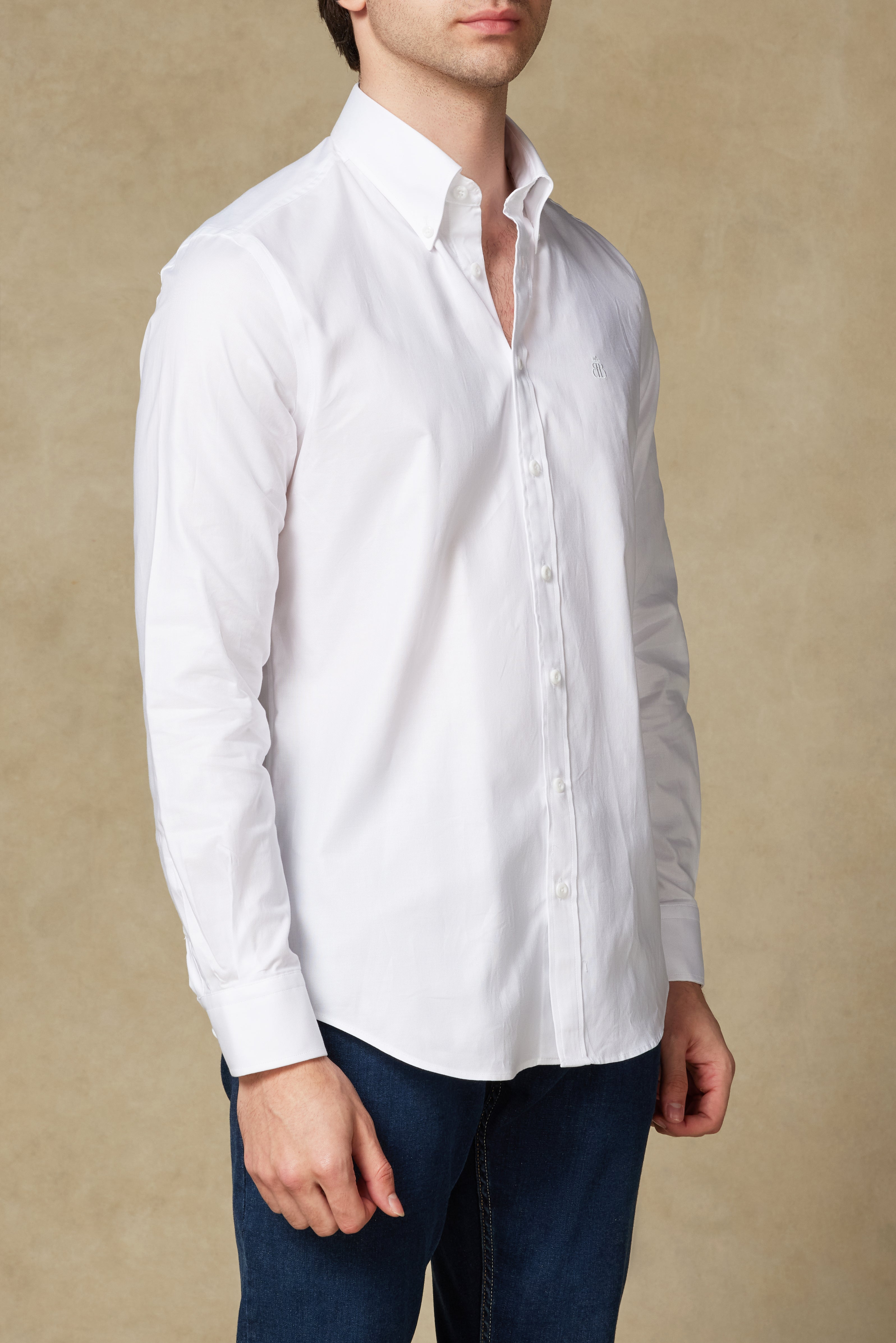 Abbate Luca Oxford Pamuklu Comfort Fit Beyaz Düğmeli Yaka Erkek Düz Gömlek