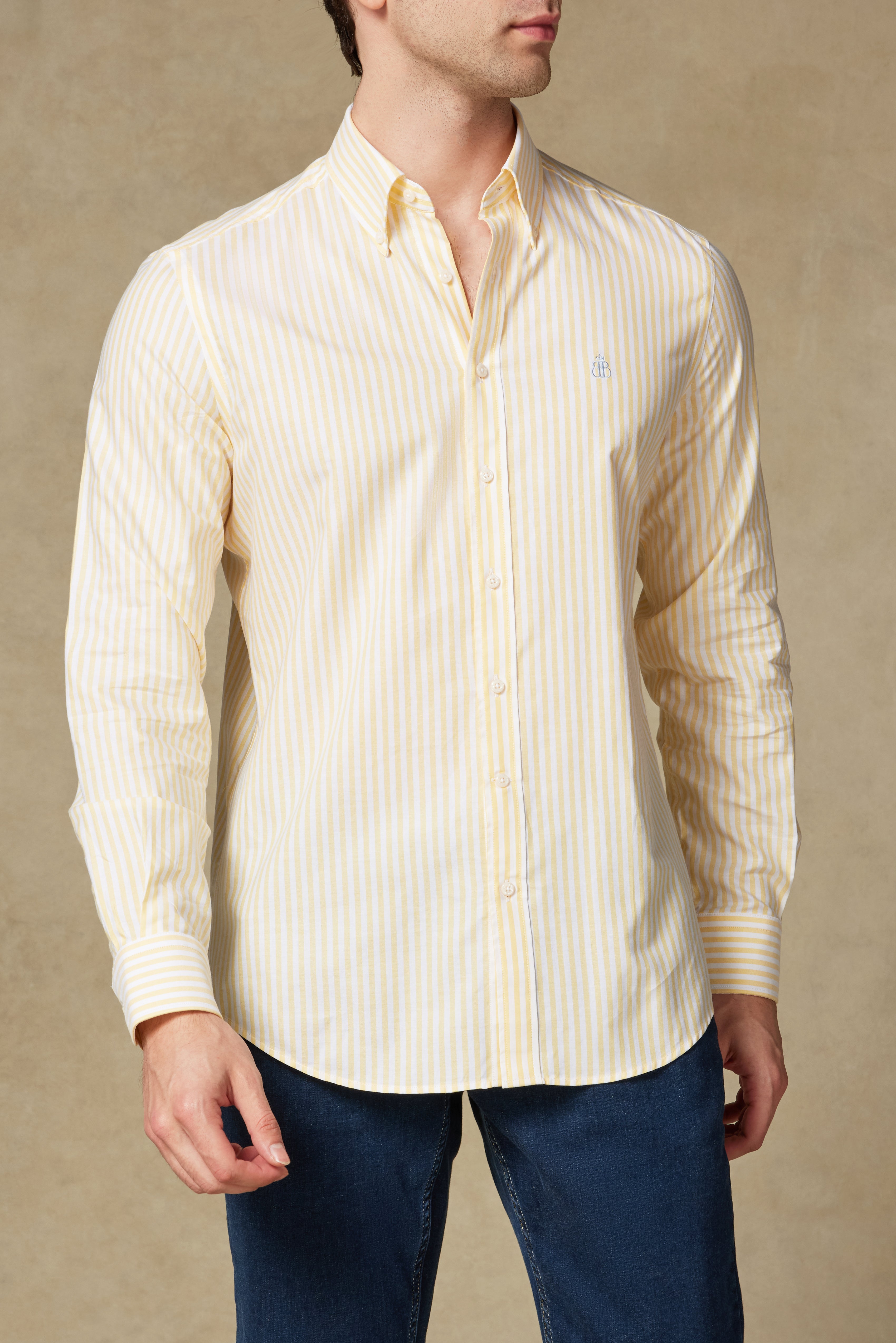 Abbate Luca Oxford Pamuklu Comfort Fit Sarı Düğmeli Yaka Erkek Çizgili Gömlek