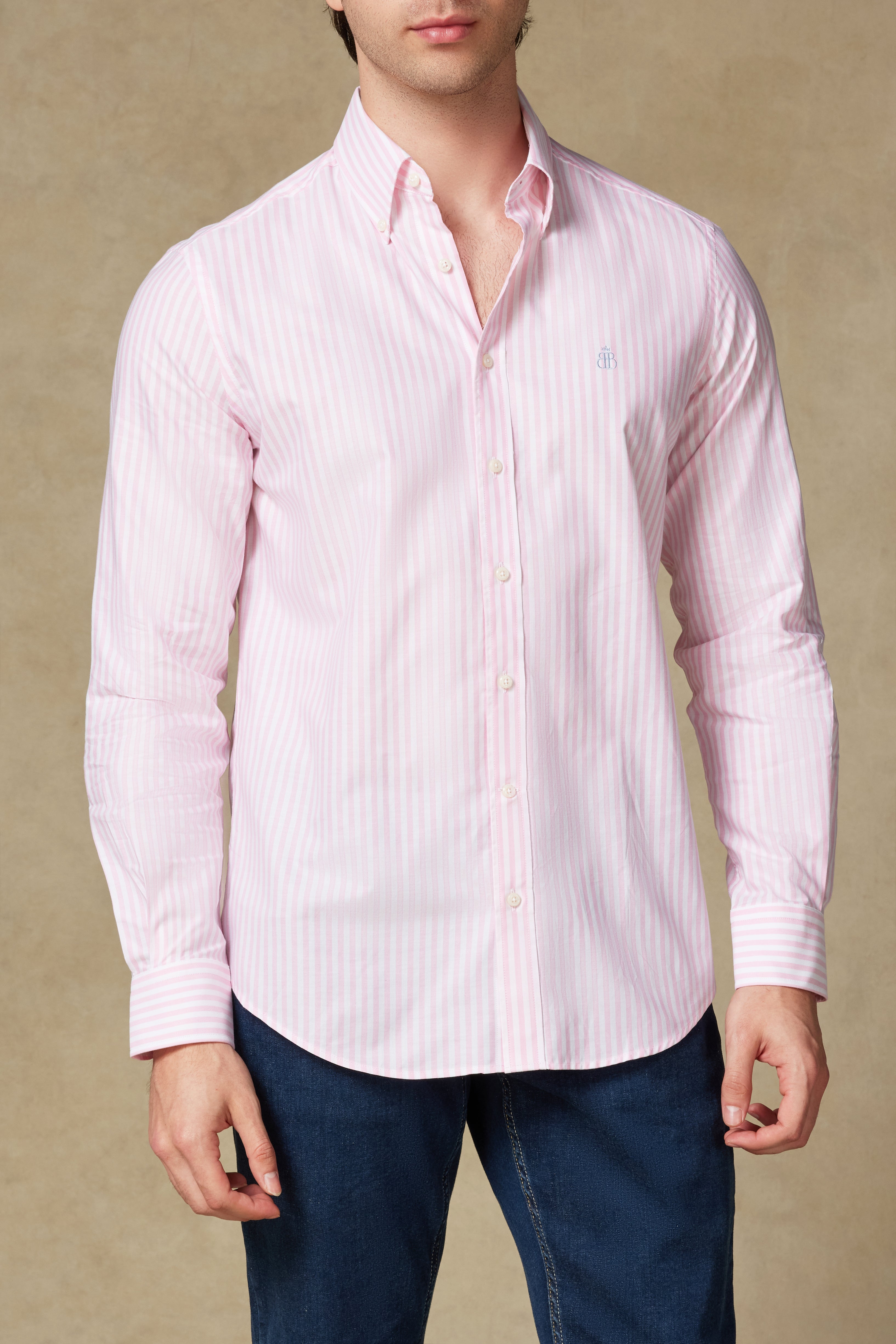 Abbate Luca Oxford Pamuklu Comfort Fit Pembe Düğmeli Yaka Erkek Çizgili Gömlek