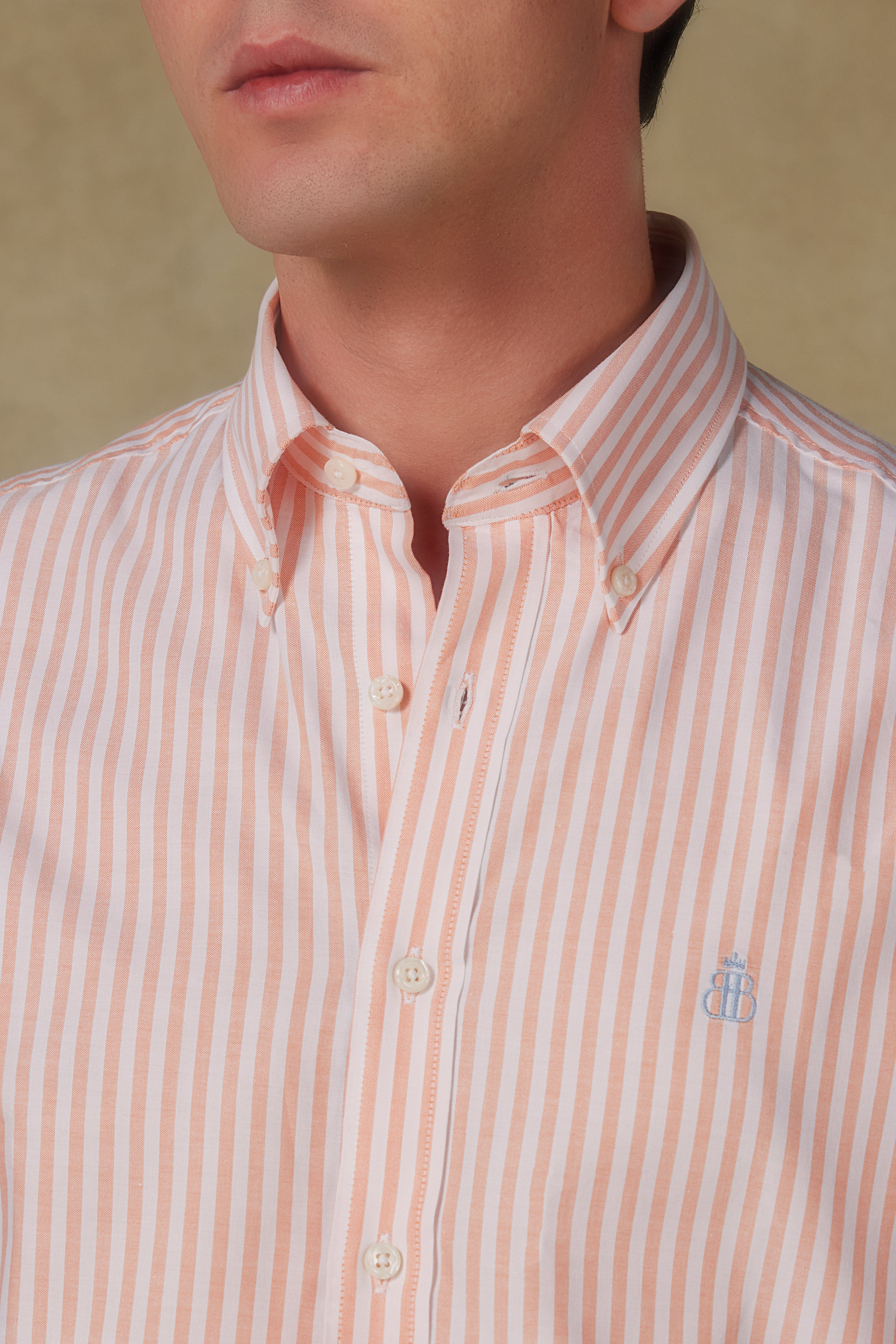 Abbate Luca Oxford Pamuklu Comfort Fit Somon Düğmeli Yaka Erkek Çizgili Gömlek