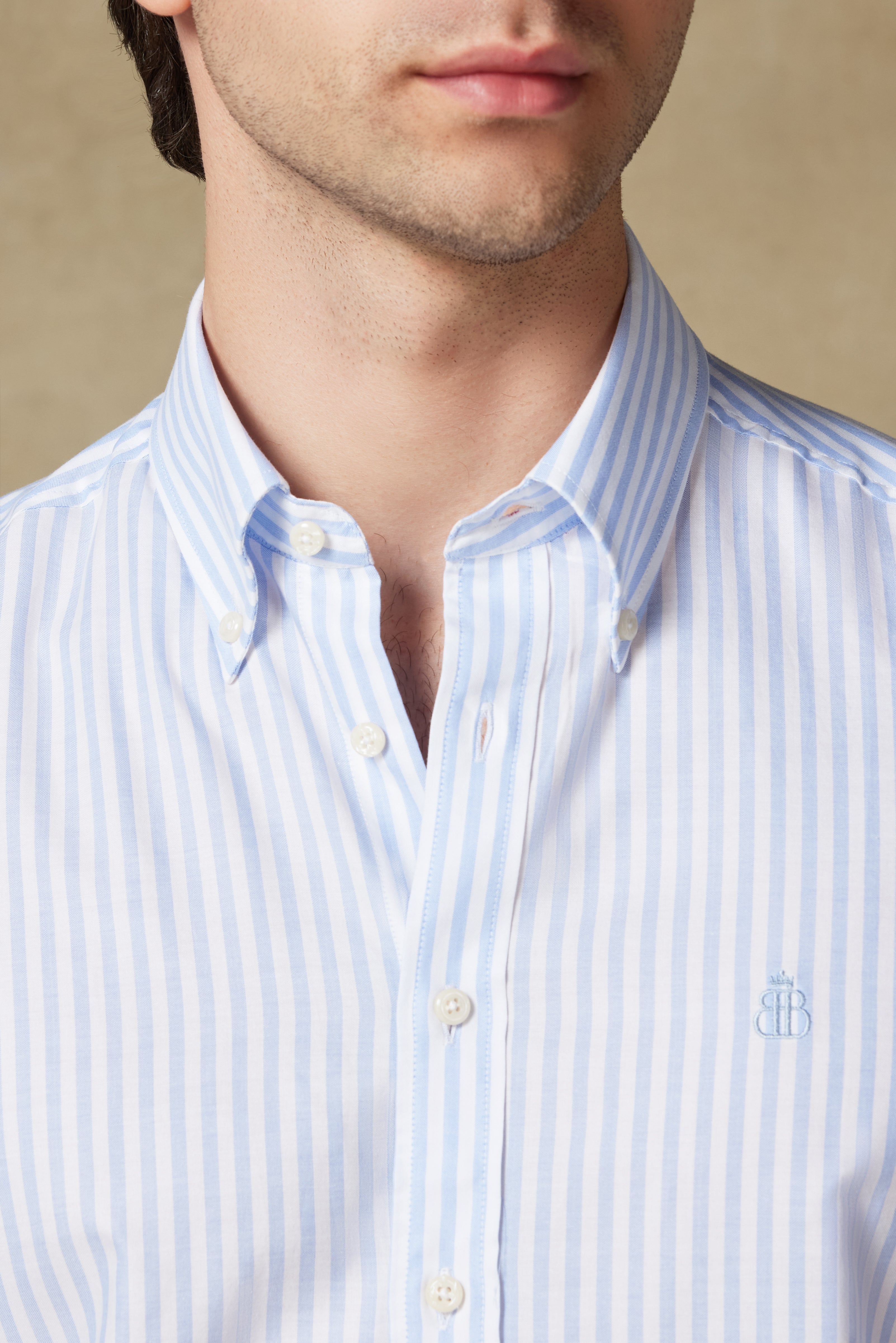 Abbate Luca Oxford Pamuklu Comfort Fit Açık Mavi Düğmeli Yaka Erkek Çizgili Gömlek