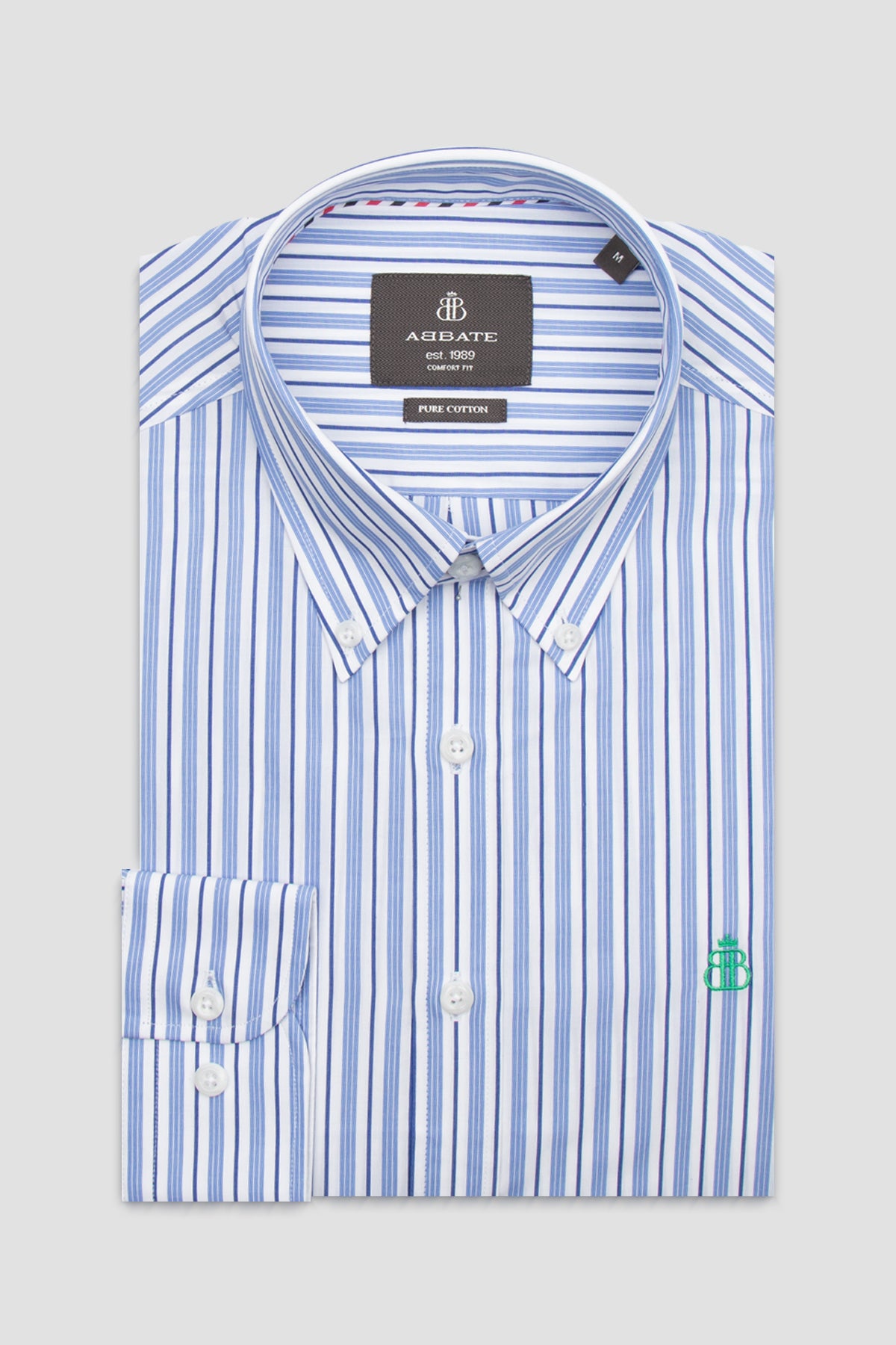 Abbate Luca Poplin Pamuklu Comfort Fit Açık Mavi Düğmeli Yaka Erkek Çizgili Gömlek