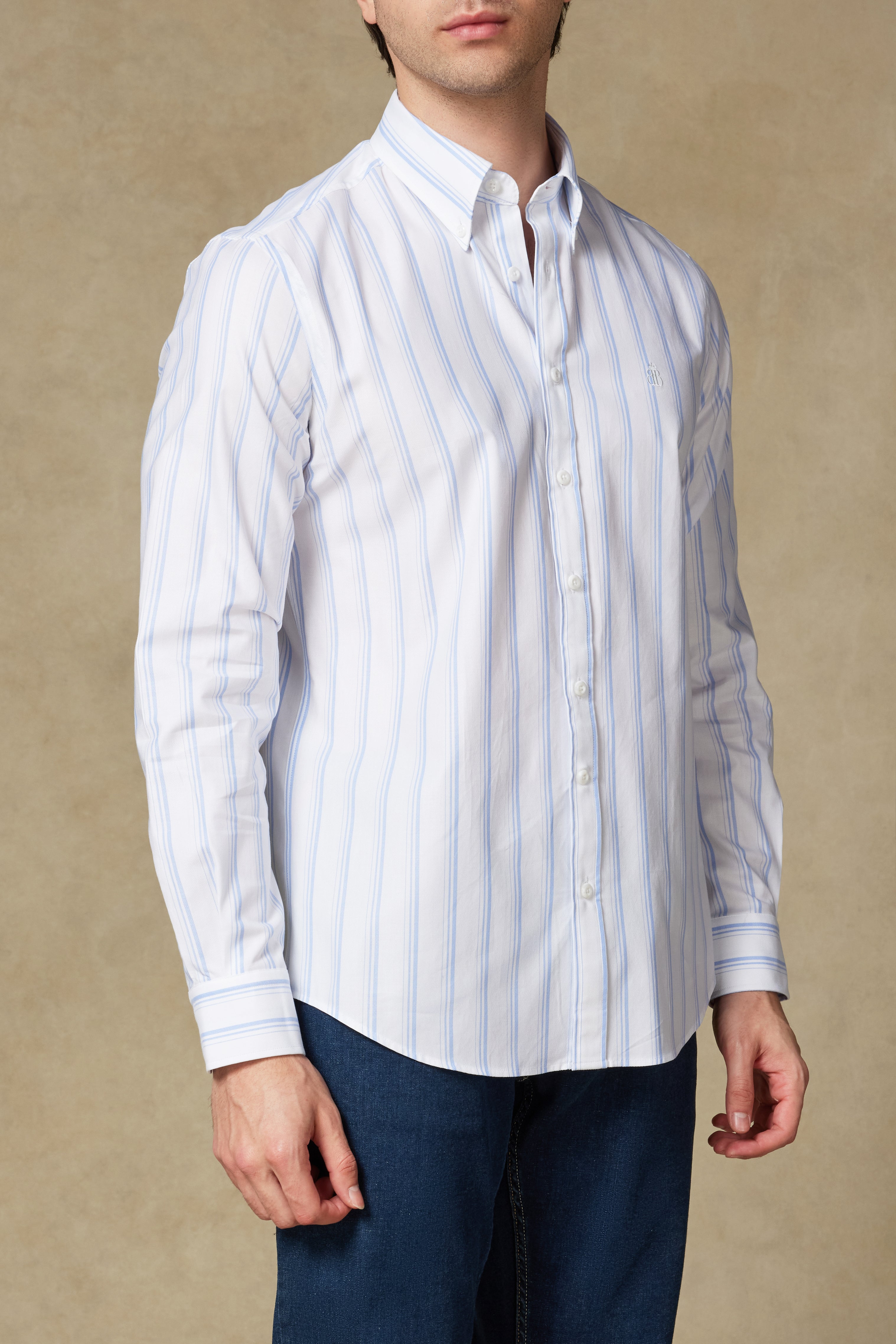 Abbate Luca Poplin Pamuklu Comfort Fit Açık Mavi Düğmeli Yaka Erkek Çizgili Gömlek