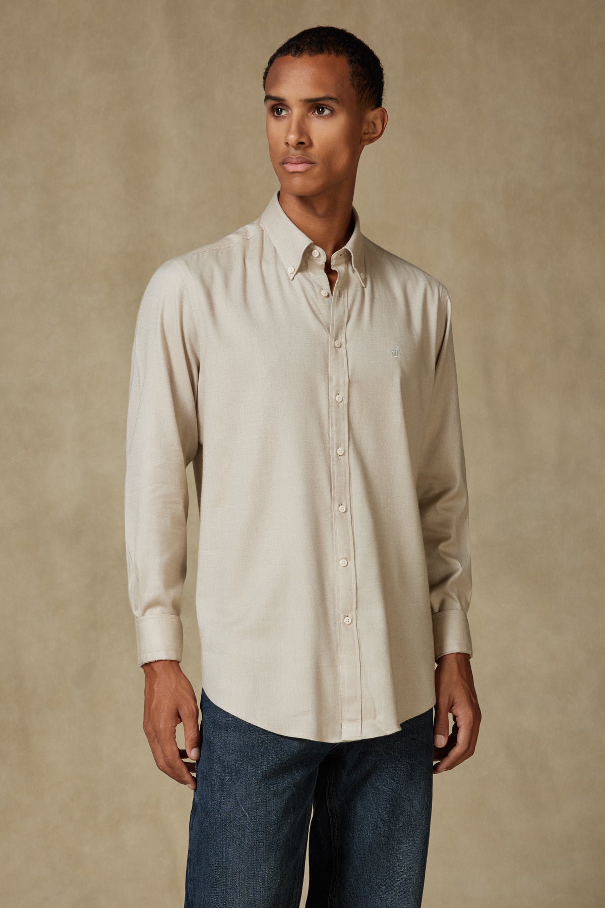 Abbate Luca Flanel Pamuk Karışımlı Comfort Fit Bej Düğmeli Yaka Erkek Düz Gömlek