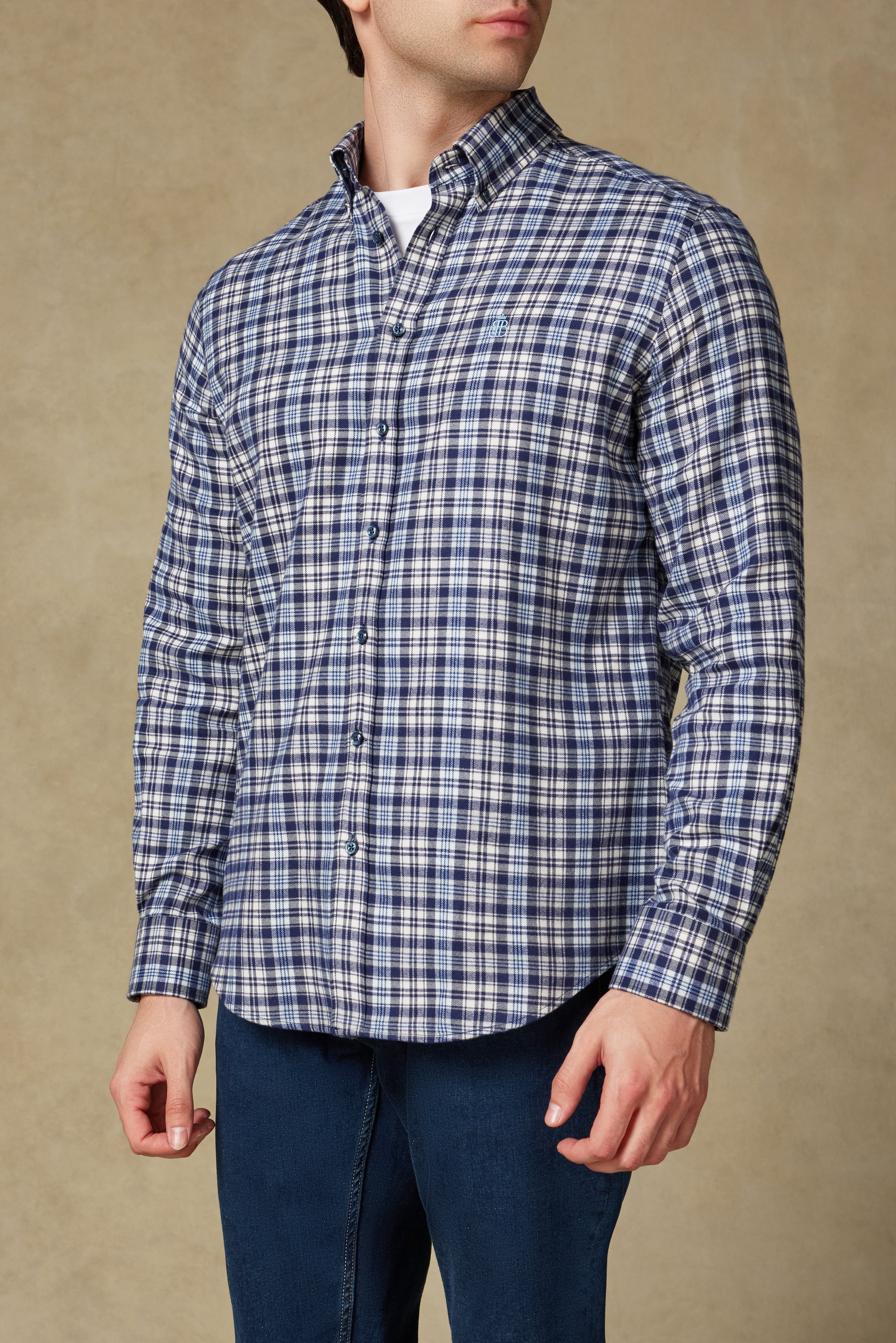 Abbate Luca Flanel Pamuk Karışımlı Comfort Fit Lacivert Düğmeli Yaka Erkek Ekoseli Gömlek
