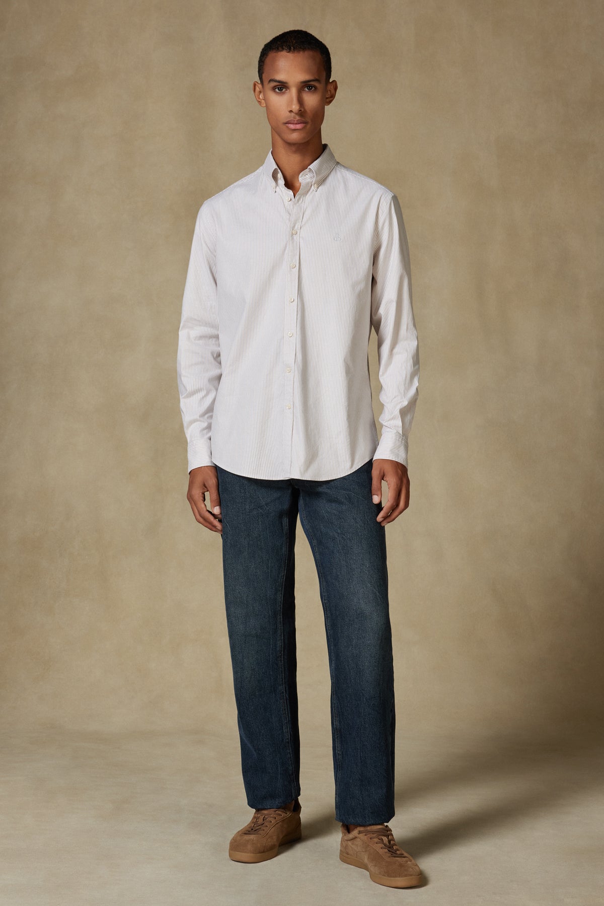 Abbate Luca Oxford Stretch Pamuk Karışımlı Comfort Fit Bej Düğmeli Yaka Erkek Çizgili Gömlek