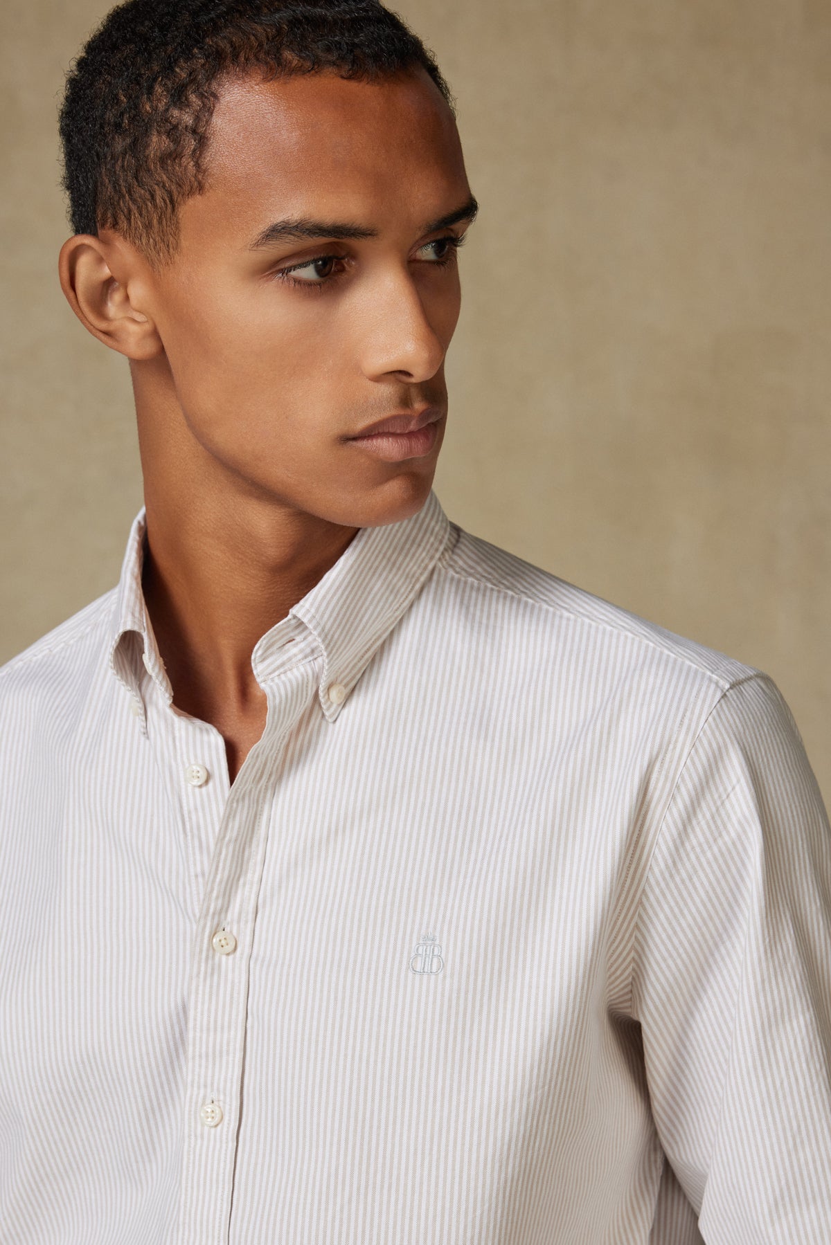 Abbate Luca Oxford Stretch Pamuk Karışımlı Comfort Fit Bej Düğmeli Yaka Erkek Çizgili Gömlek