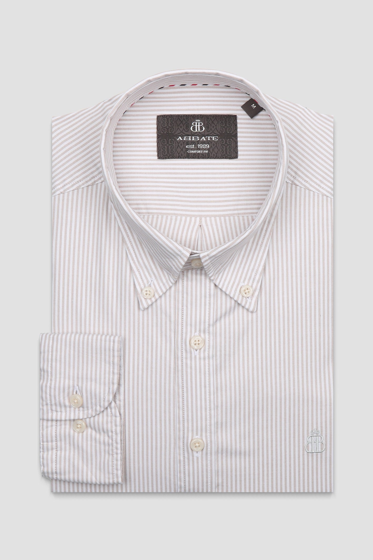 Abbate Luca Oxford Stretch Pamuk Karışımlı Comfort Fit Bej Düğmeli Yaka Erkek Çizgili Gömlek