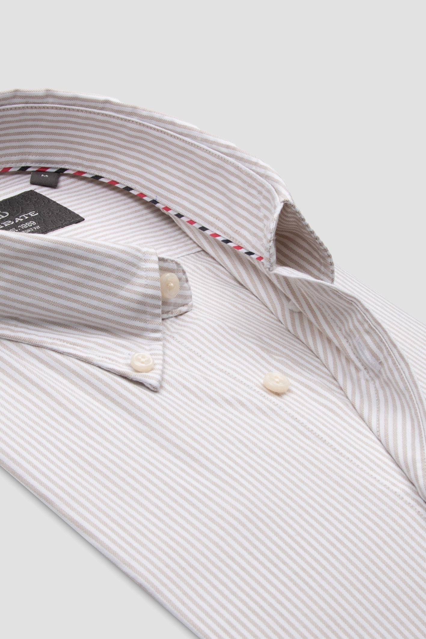 Abbate Luca Oxford Stretch Pamuk Karışımlı Comfort Fit Bej Düğmeli Yaka Erkek Çizgili Gömlek