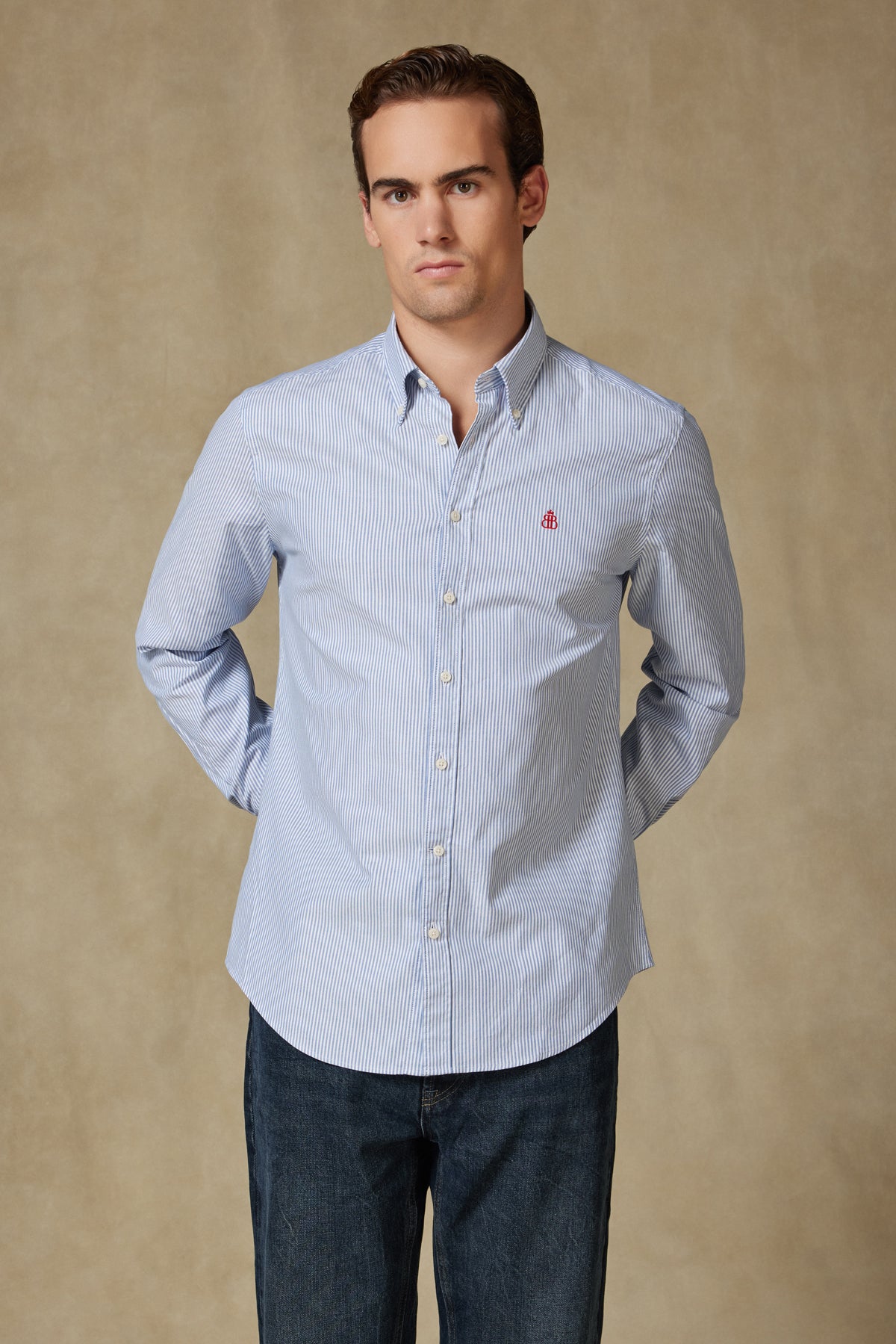 Abbate Luca Oxford Stretch Pamuk Karışımlı Comfort Fit Lacivert Düğmeli Yaka Erkek Çizgili Gömlek