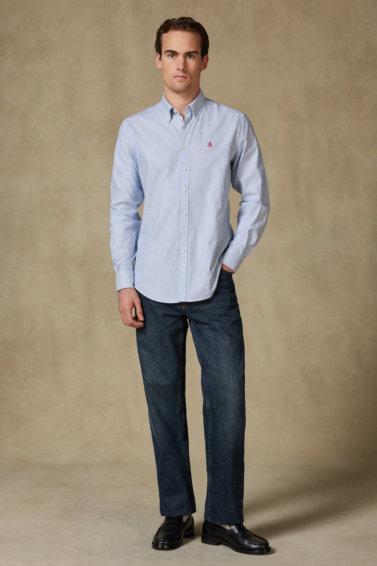 Abbate Luca Oxford Stretch Pamuk Karışımlı Comfort Fit Lacivert Düğmeli Yaka Erkek Çizgili Gömlek