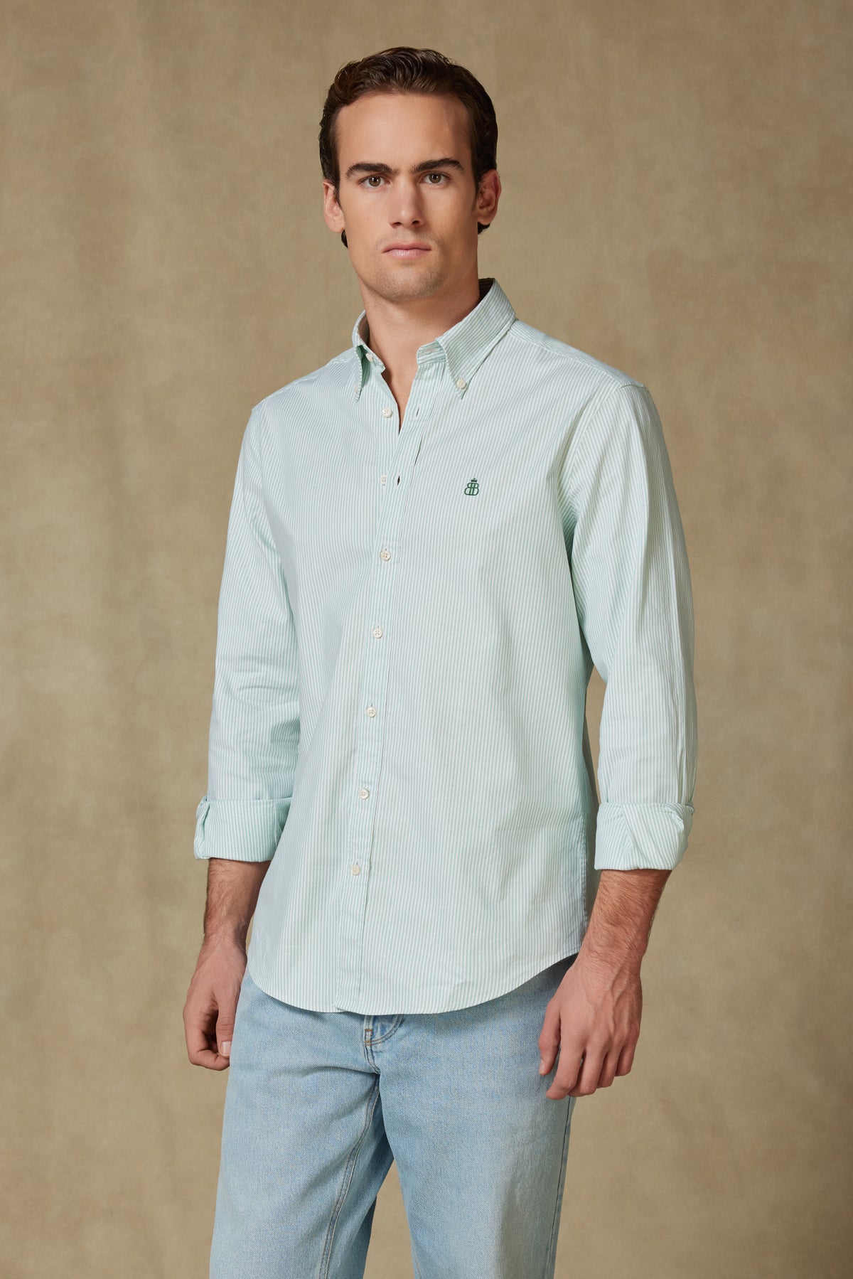 Abbate Luca Oxford Stretch Pamuk Karışımlı Comfort Fit Yeşil Düğmeli Yaka Erkek Çizgili Gömlek
