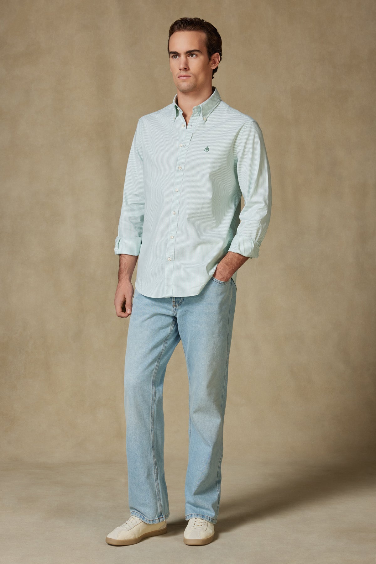 Abbate Luca Oxford Stretch Pamuk Karışımlı Comfort Fit Yeşil Düğmeli Yaka Erkek Çizgili Gömlek