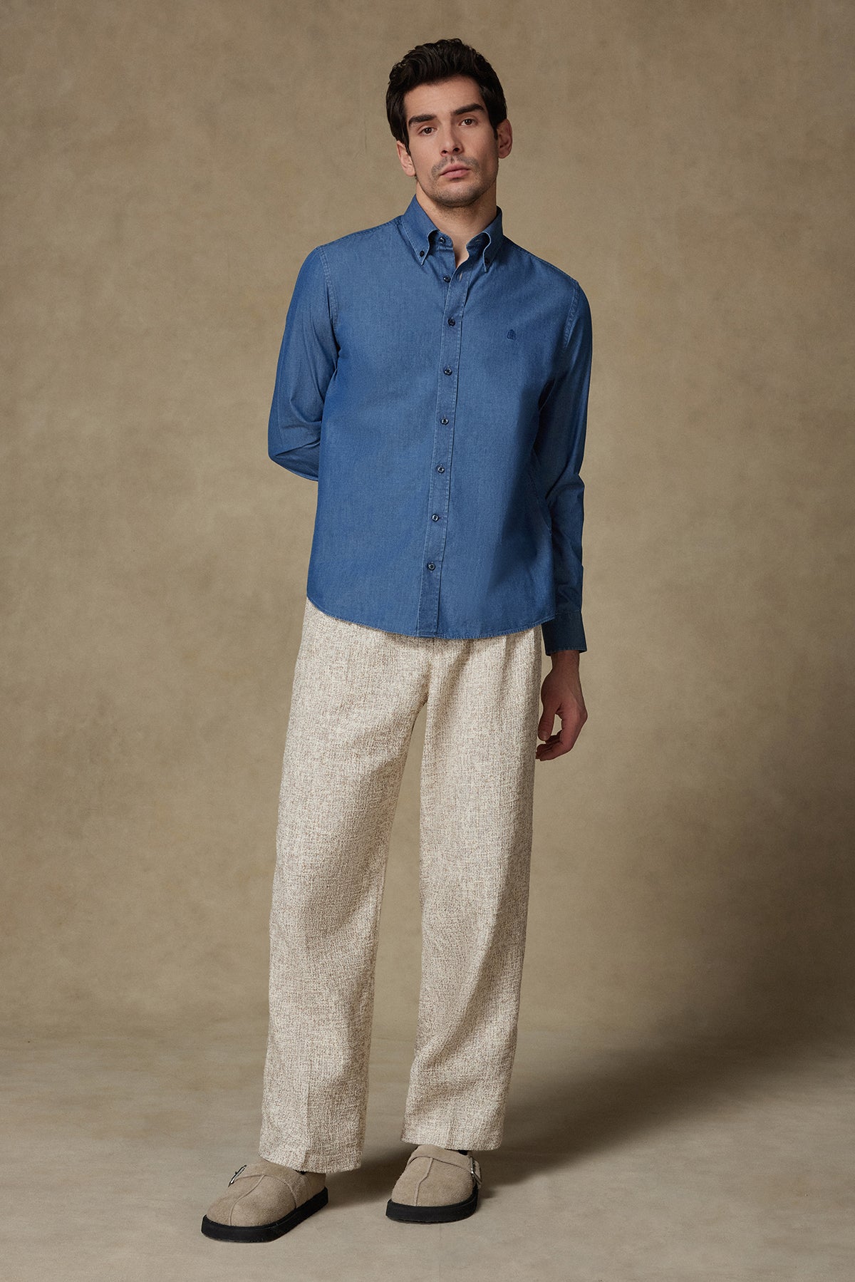 Abbate Matteo Denim Pamuklu Comfort Fit Lacivert Düğmeli Yaka Erkek Düz Gömlek