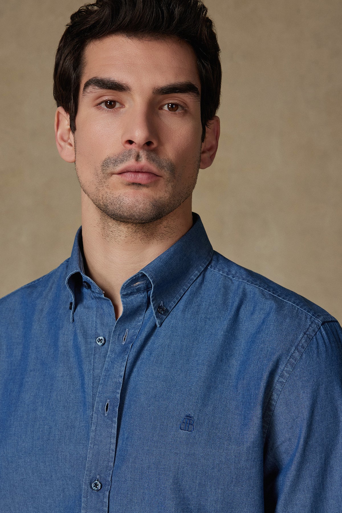Abbate Matteo Denim Pamuklu Comfort Fit Lacivert Düğmeli Yaka Erkek Düz Gömlek