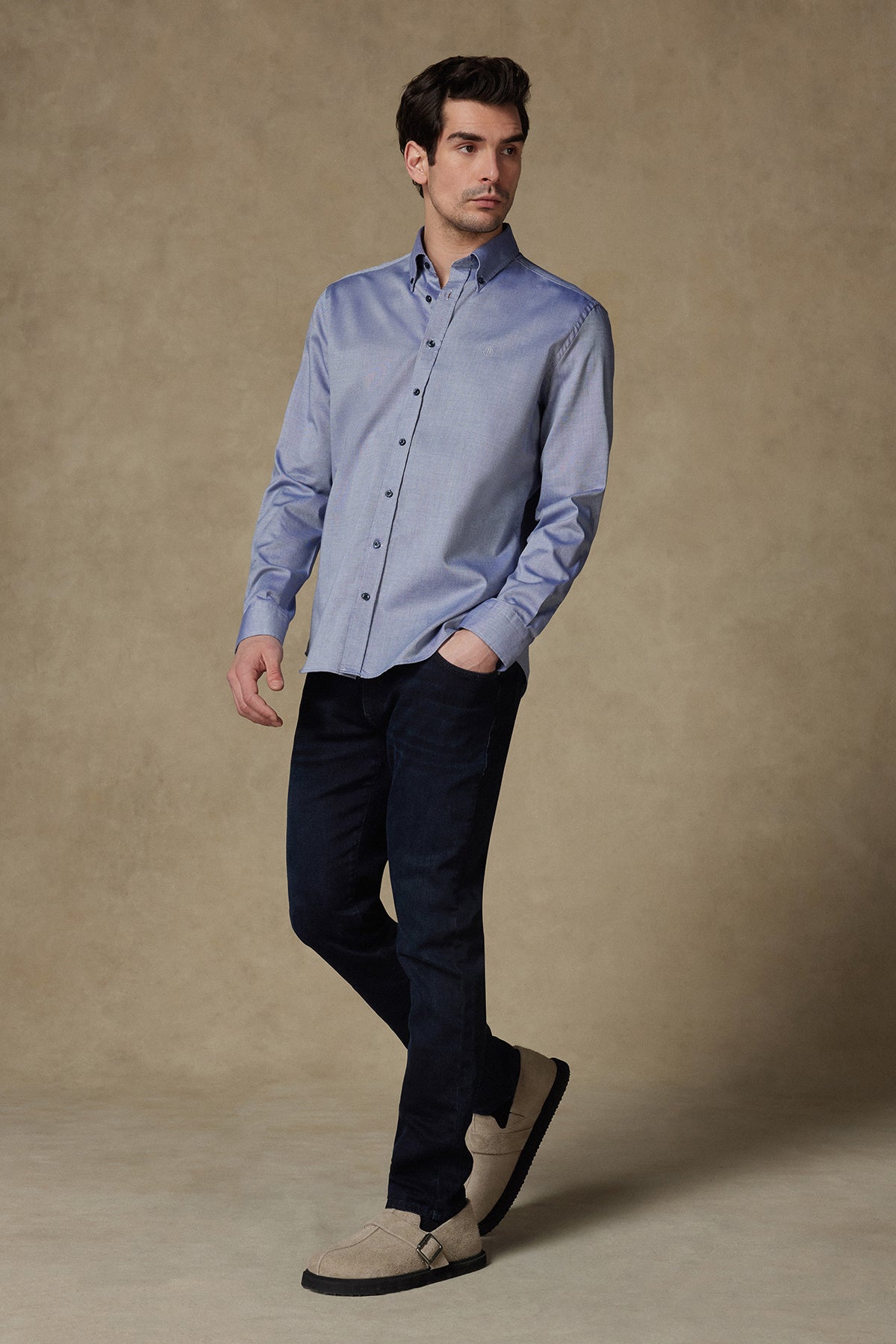 Abbate Matteo Royal Oxford Pamuklu Comfort Fit Koyu Mavi Düğmeli Yaka Erkek Düz Gömlek